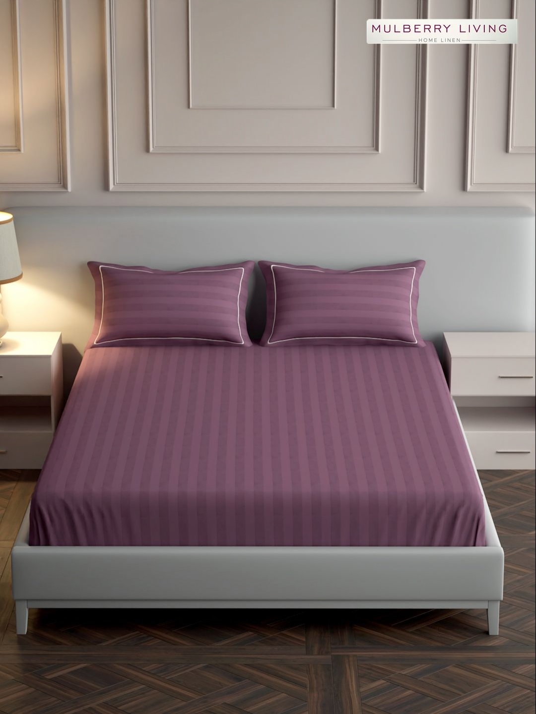 

Mulberry Living Plum Elysian Stripes 300 TC Queen Size Cotton Bedsheet & 2 Pillow Covers, Purple