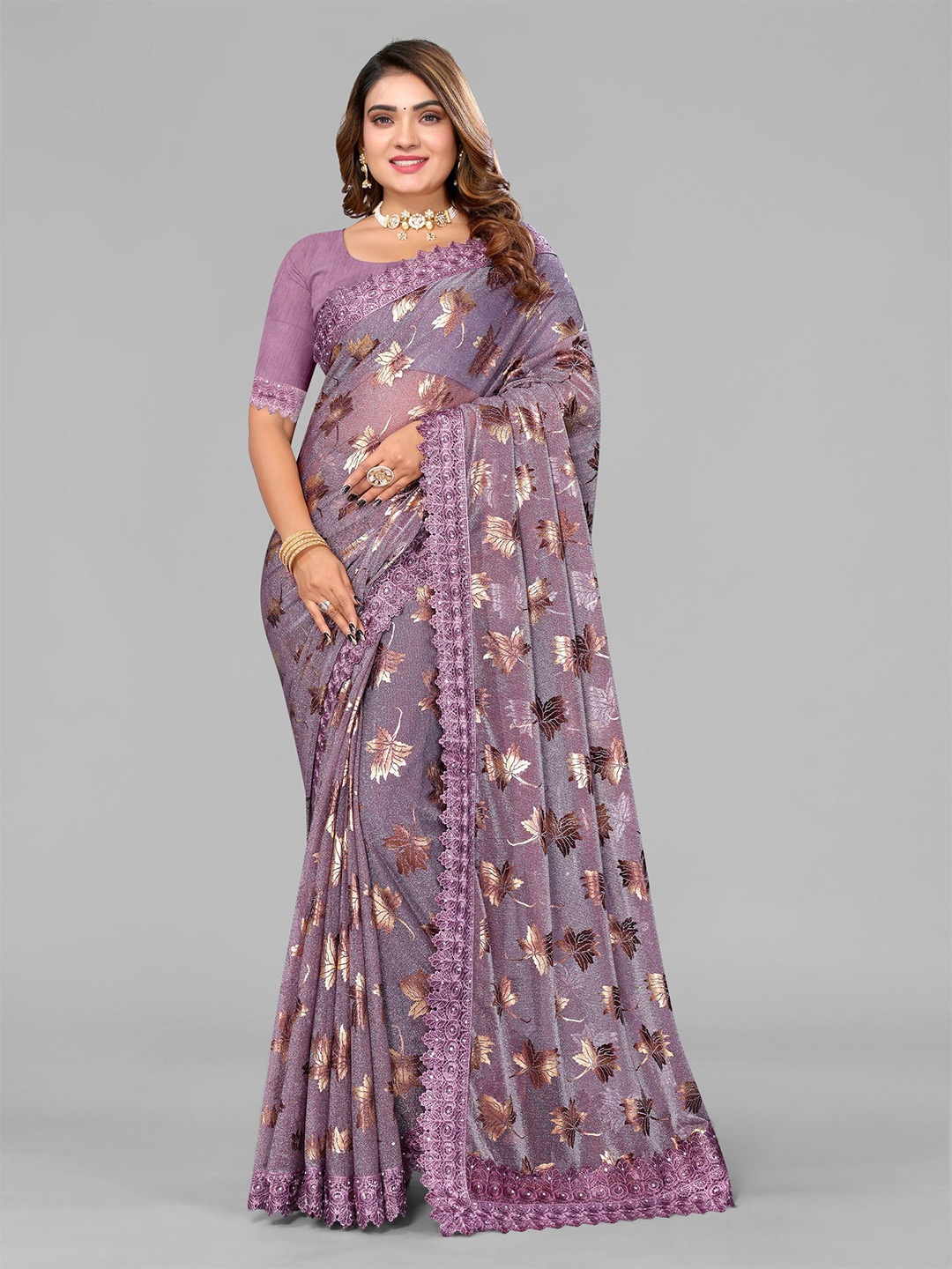 

VIJAYA VALLABH Floral Embroidered Saree, Purple