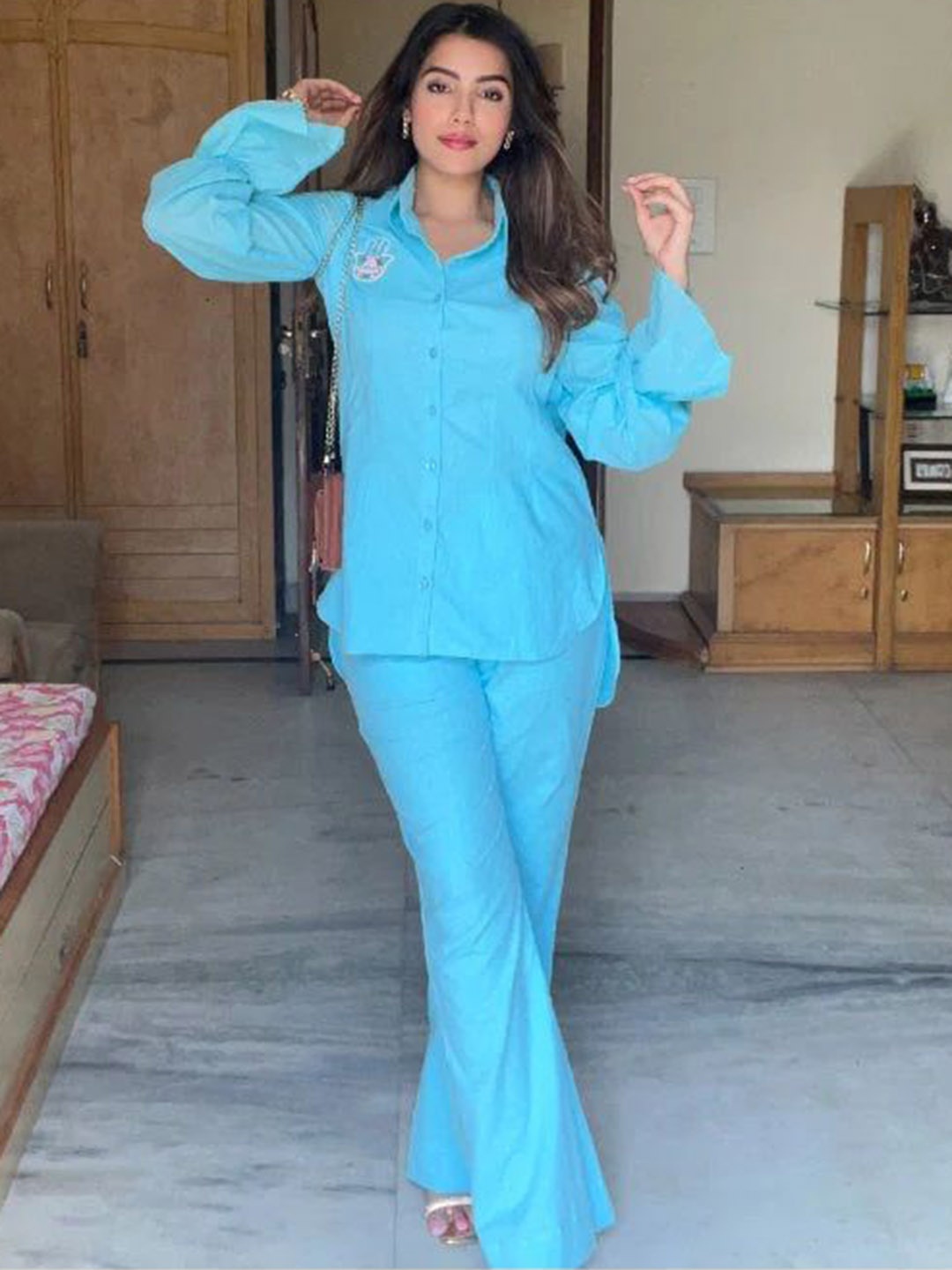 

LABEL ADITI HUNDIA Pure Cotton Shirt With Trouser, Blue