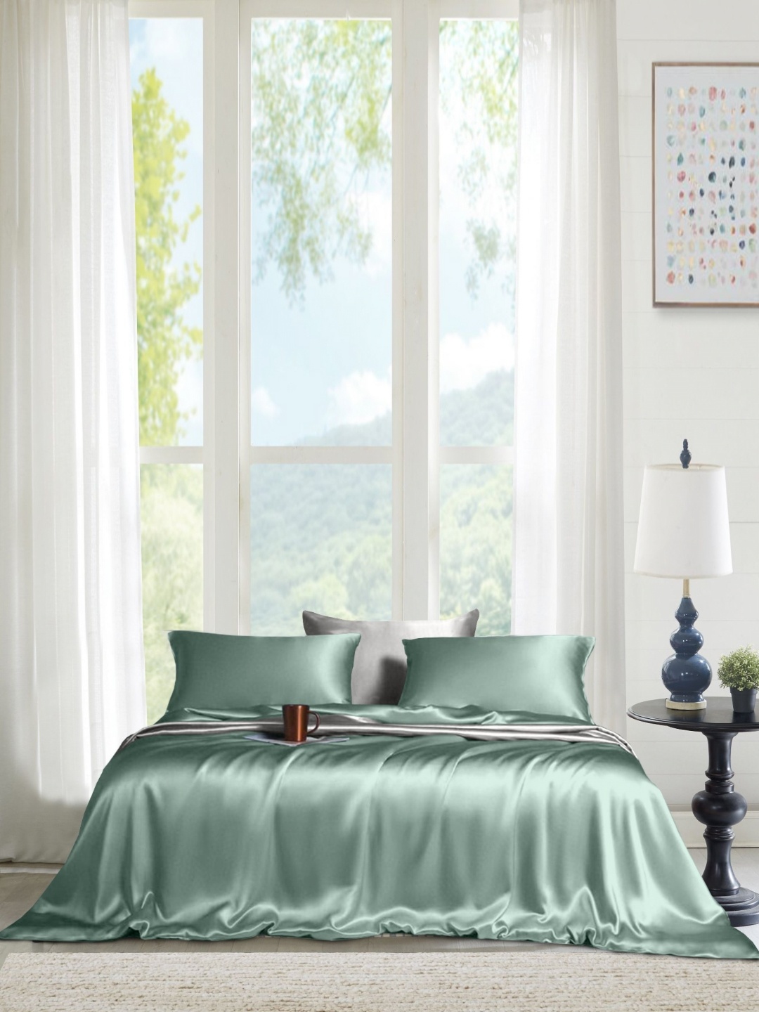 

THE LINEN COMPANY Turquoise Blue 300 TC Single Bedsheet with 1 Pillow Covers
