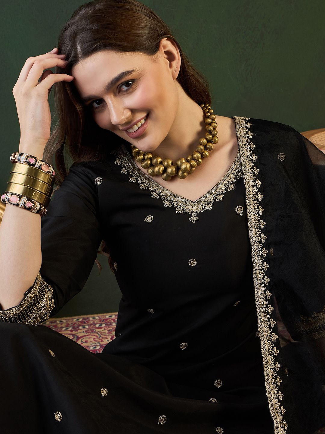 

Sangria Zari Sequence Embroidered Straight Kurta & Trousers With Dupatta, Black