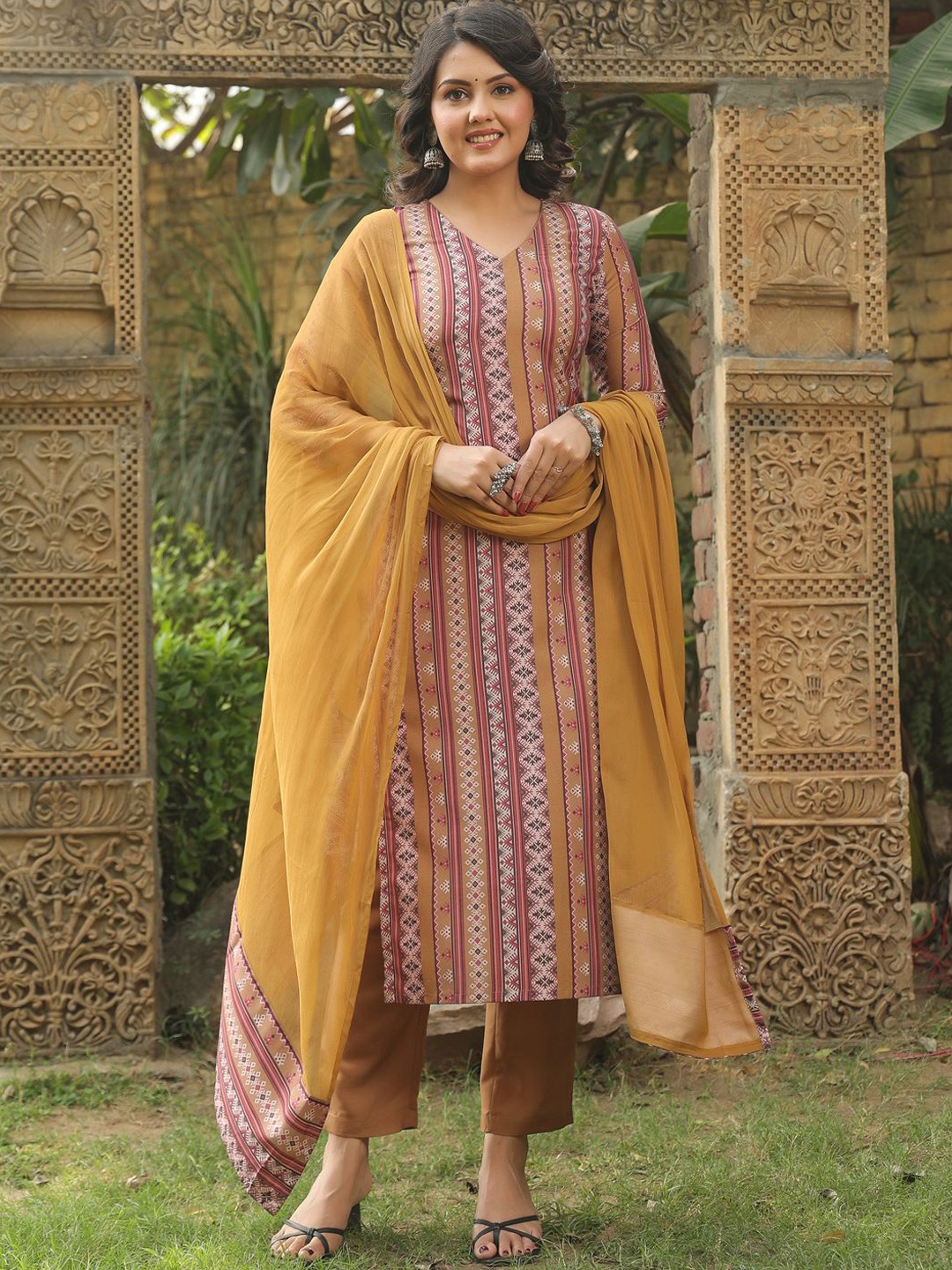

KALINI Ethnic Motifs Printed Straight Kurta With Trousers & Dupatta, Mustard