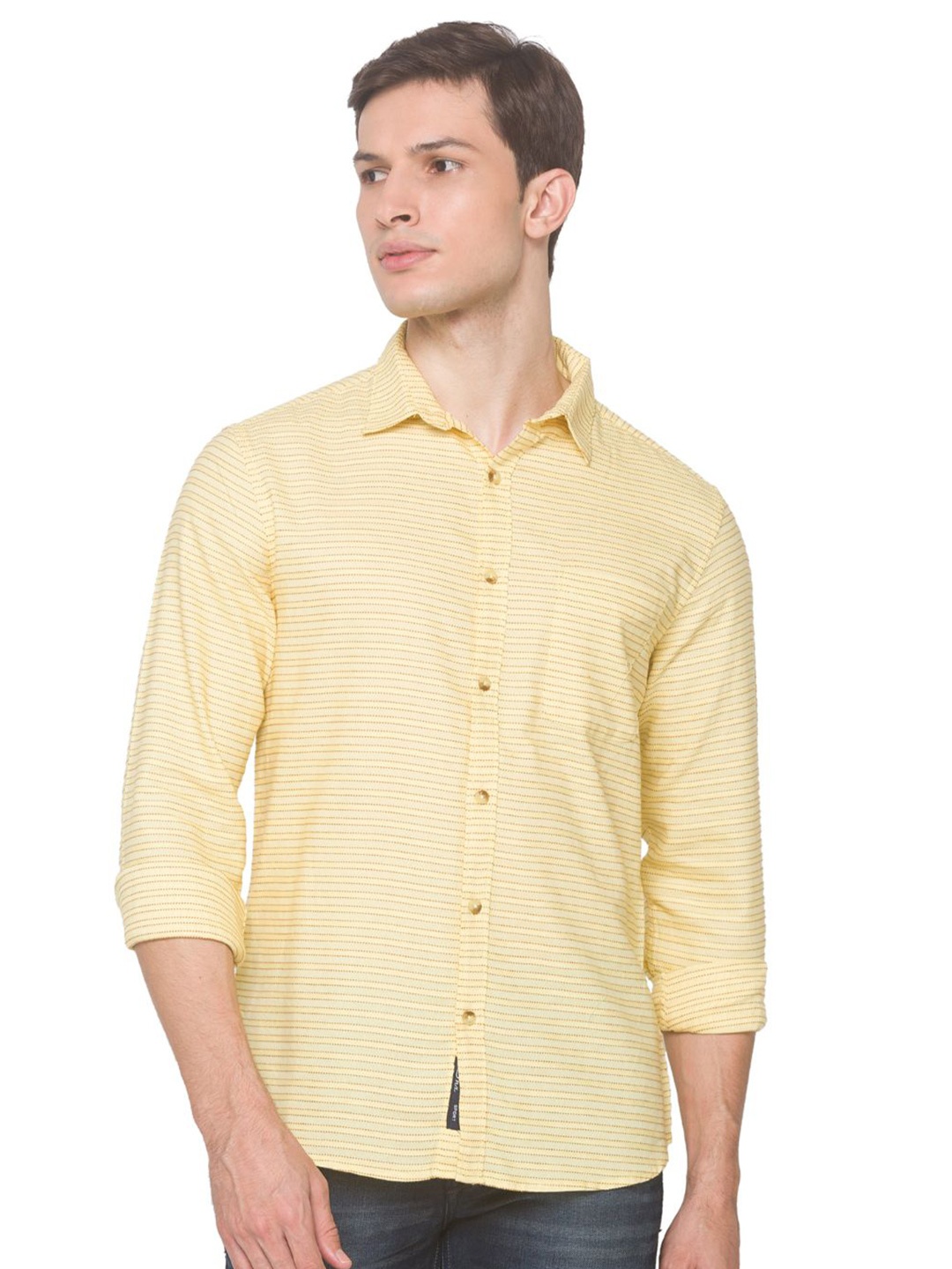 

SNX Men Tailored Fit Opaque Striped Casual Shirt, Yellow