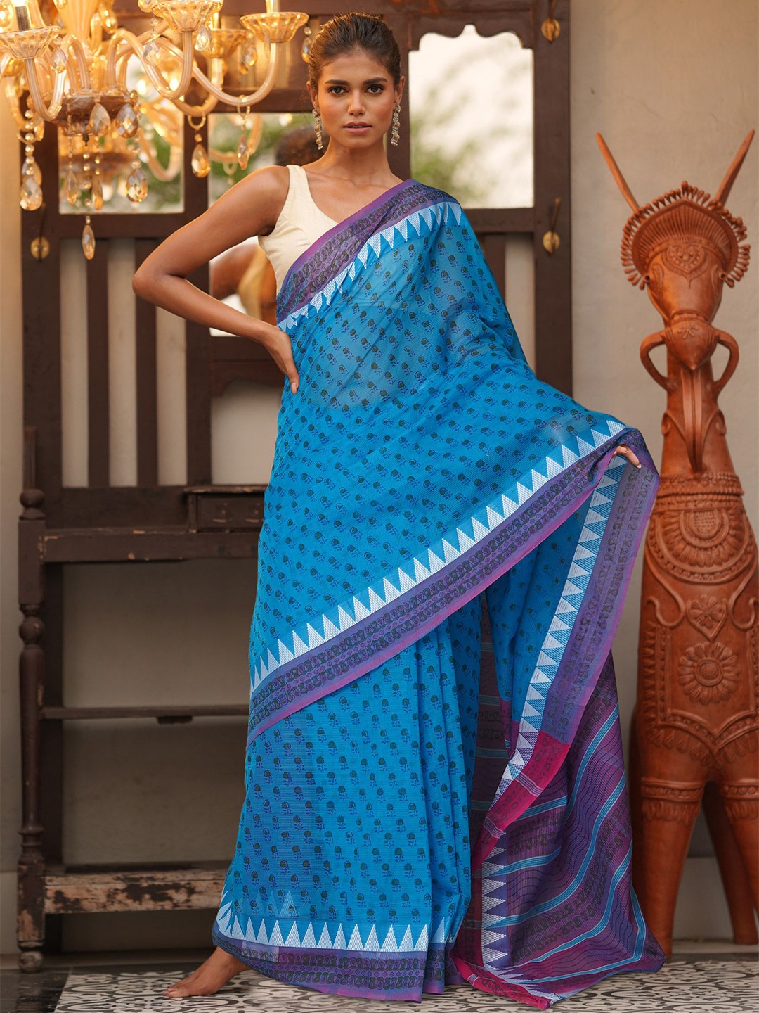 

Unnati Silks Floral Pure Cotton Handloom Mangalagiri Saree, Blue