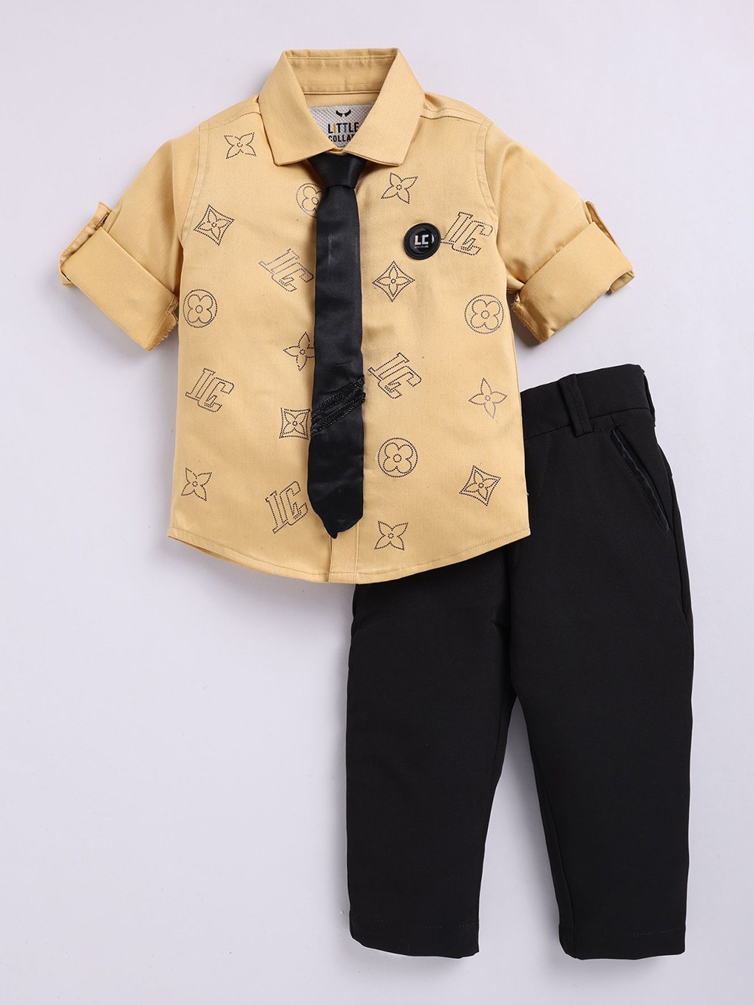 

LITTLE COLLARS Boys Printed Shirt Collar Long Sleeves Shirt With Trouser With Tie, Gold