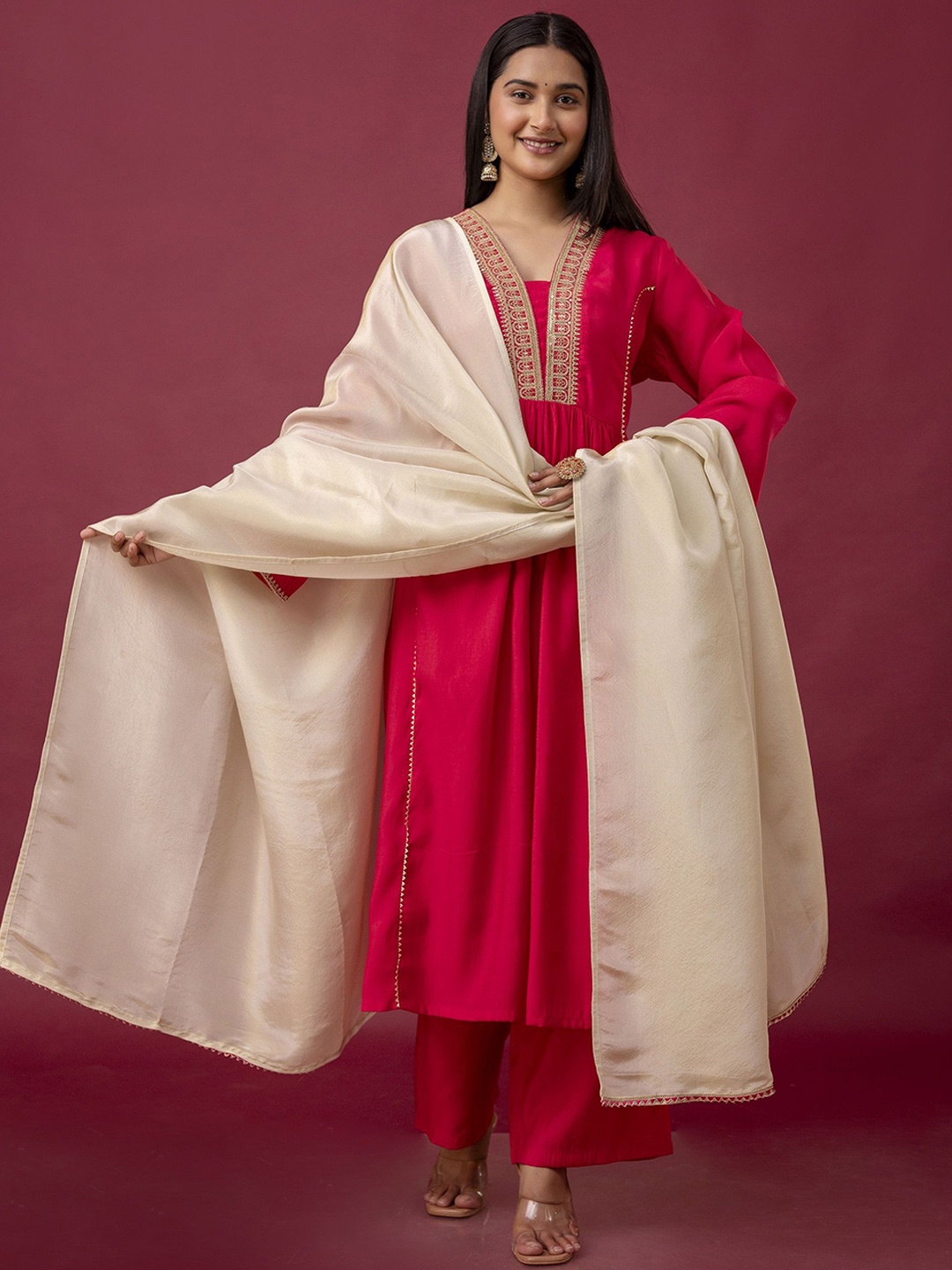 

VASVI Women Ethnic Motifs Embroidered Empire Sequinned Kurta with Trousers & With Dupatta, Fuchsia
