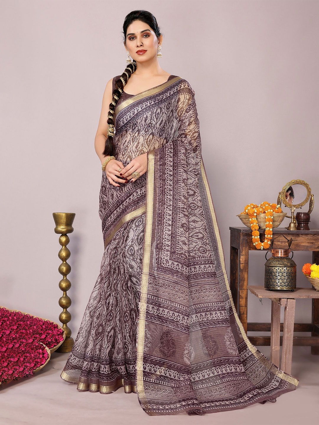 

KALINI Ethnic Motifs Zari Ikat Saree, Pink
