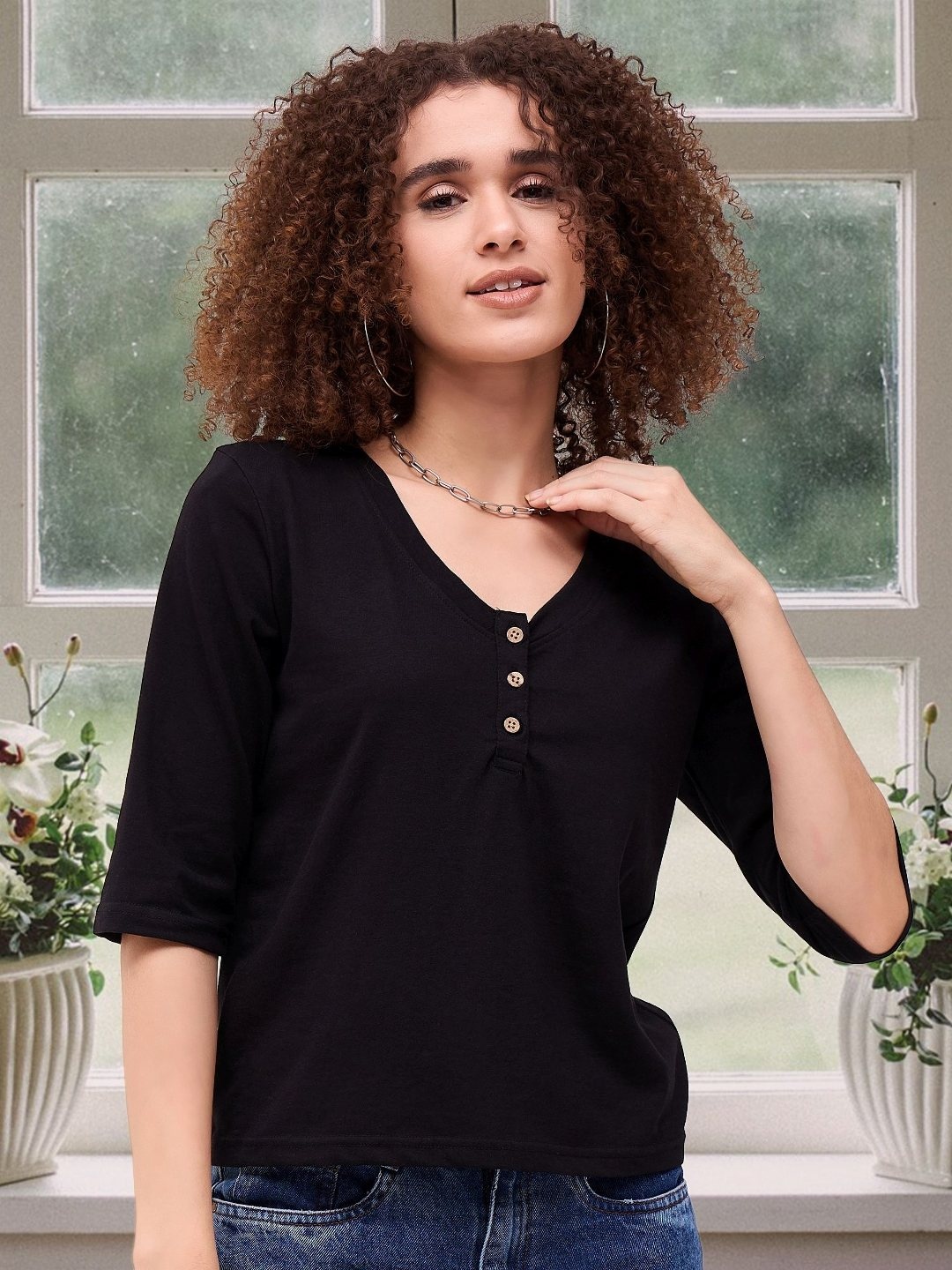 

DressBerry Women Henley Neck Pockets T-shirt, Black