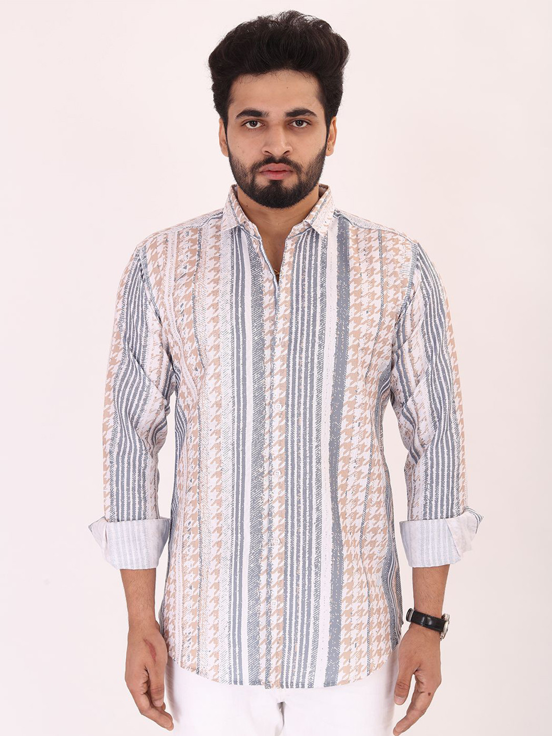 

BOWLIFESTYLE Men Classic Spread Collar Vertical Striped Cotton Casual Shirt, White