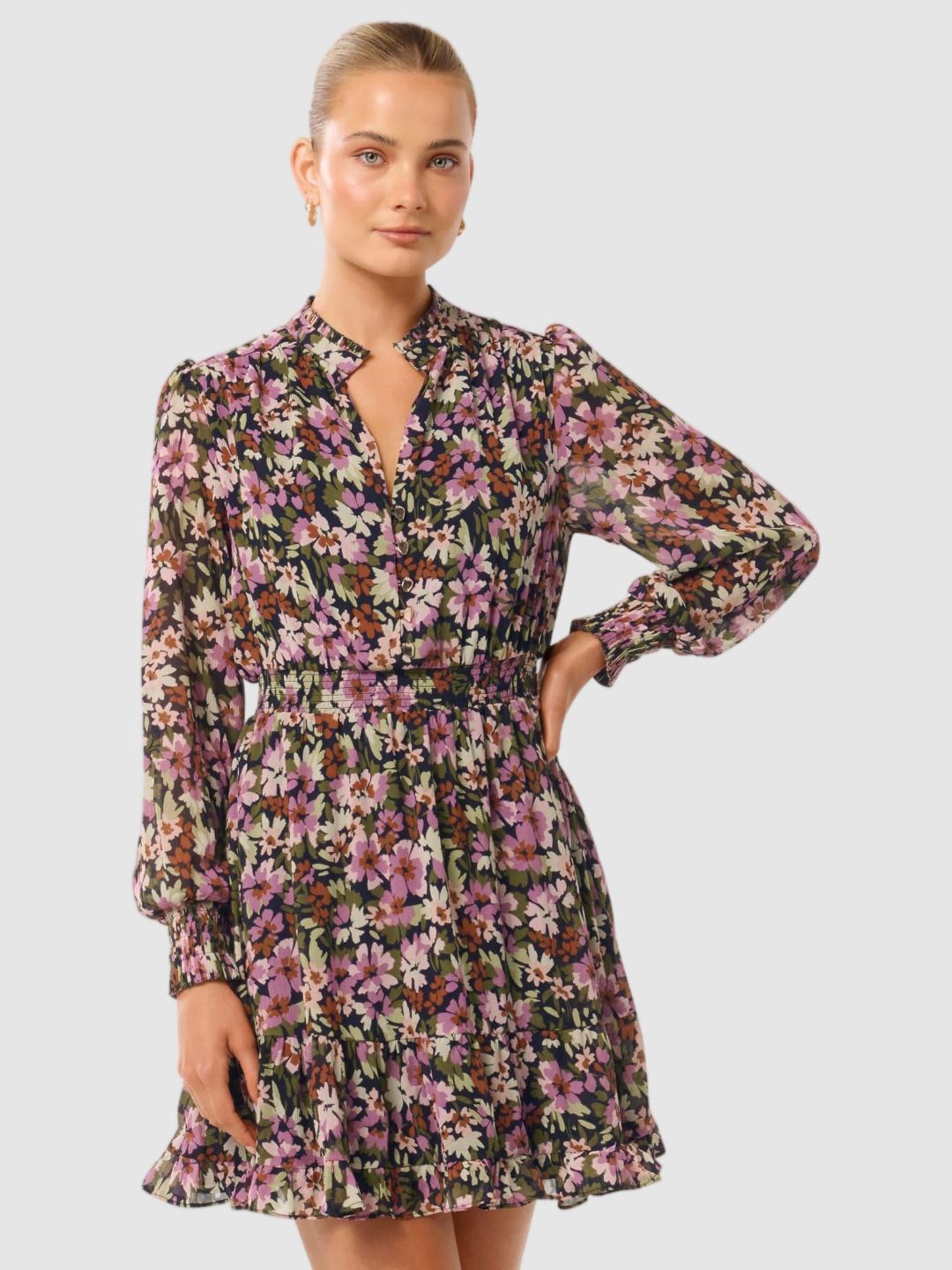 

Forever New Floral Print Bishop Sleeve Fit & Flare Mini Dress, Multi