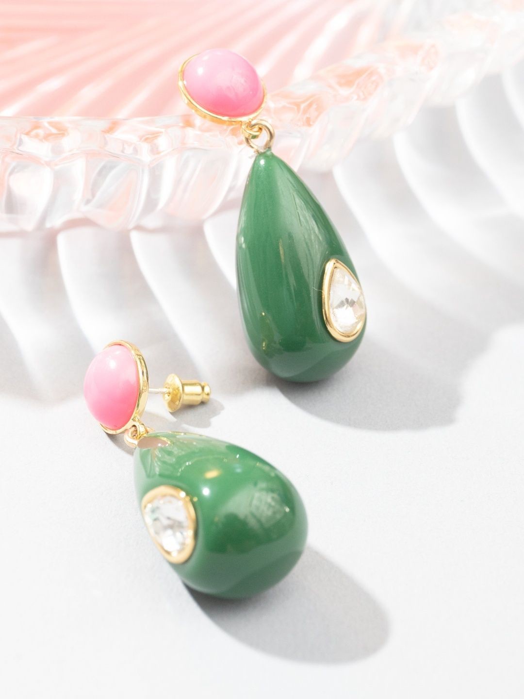 

Niscka Gold-Plated Contemporary Stone Studded Drop Earrings, Green