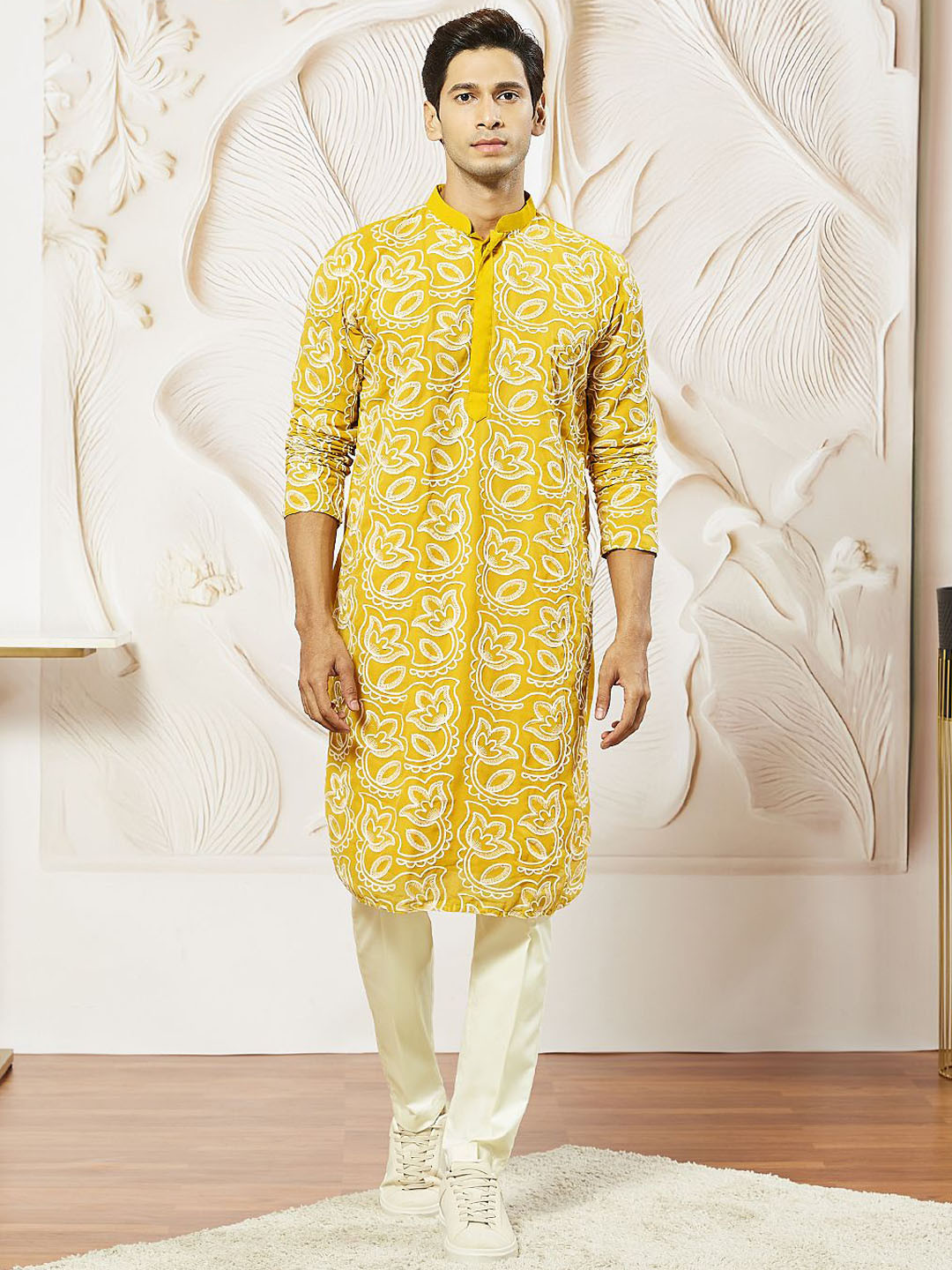 

VASTRAMAY Men Floral Embroidered Regular Thread Work Kurta with Trousers, Mustard