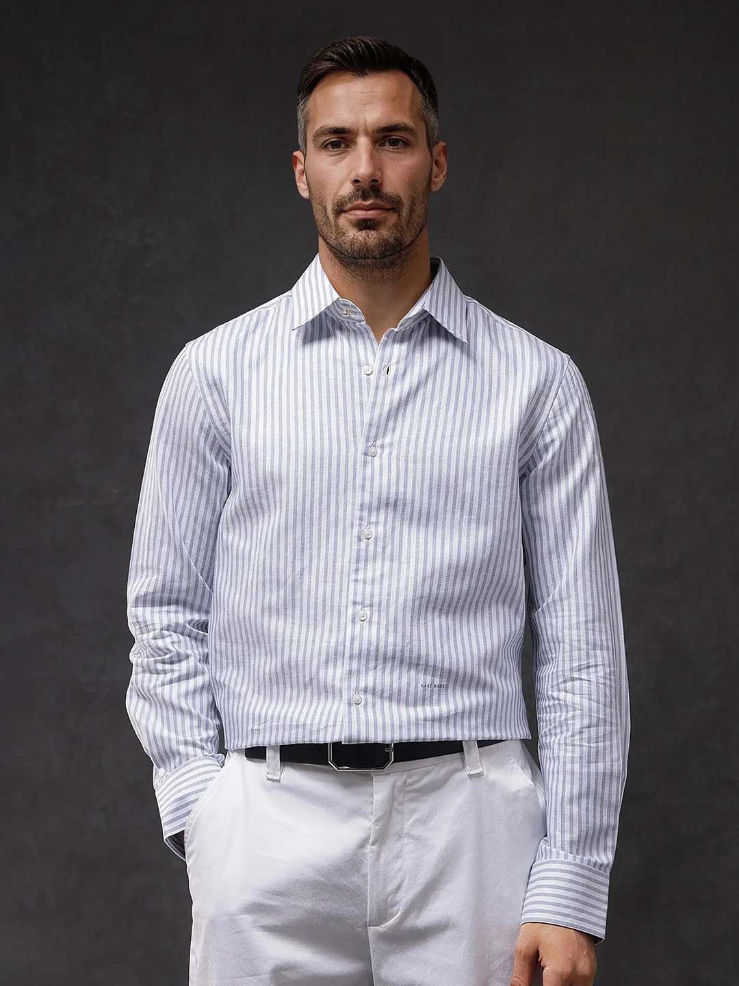 

RARE RABBIT Men Comfort Spread Collar Vertical Striped Cotton Formal Shirt, White