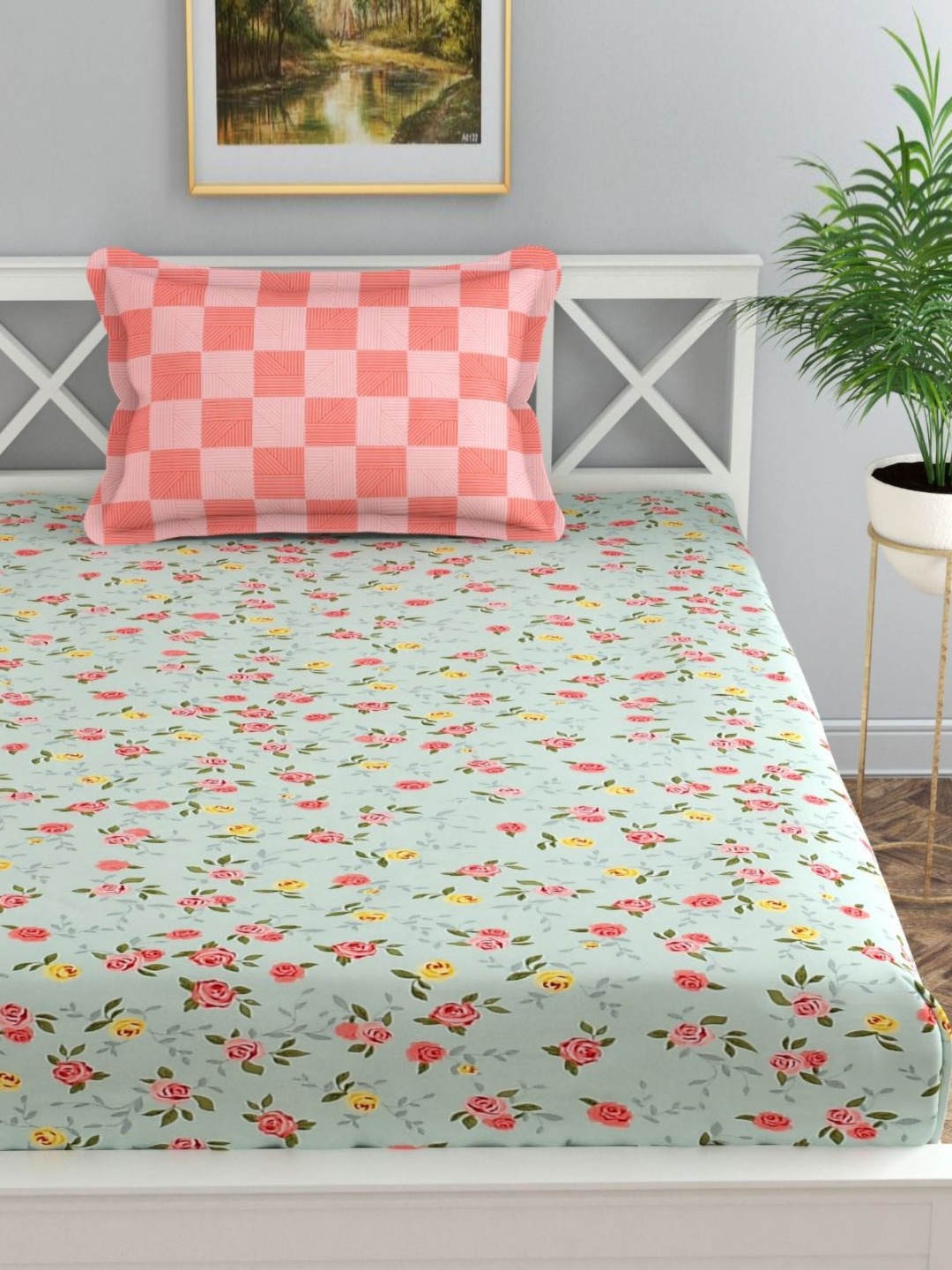 

Florida Sea Green & Pink Floral 200 TC Single Bedsheet with 1 Pillow Covers