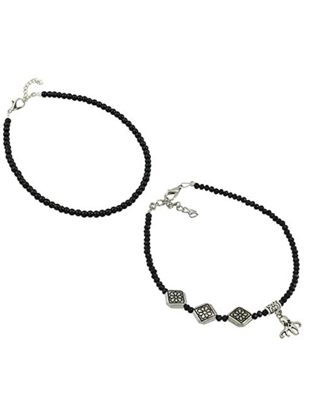 

HIGH TRENDZ Set Of 2 Single Leg Crystal Beaded Anklets, Black