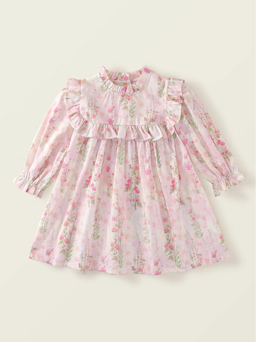 

LULU & SKY Girls Cotton Floral Printed Puff Sleeve A-Line Dress, Pink
