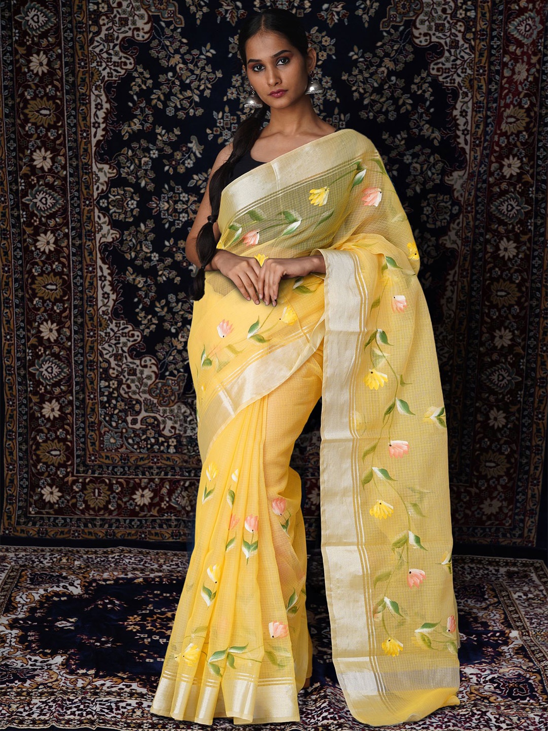 

Unnati Silks Floral Zari Net Handloom Kota Saree, Yellow