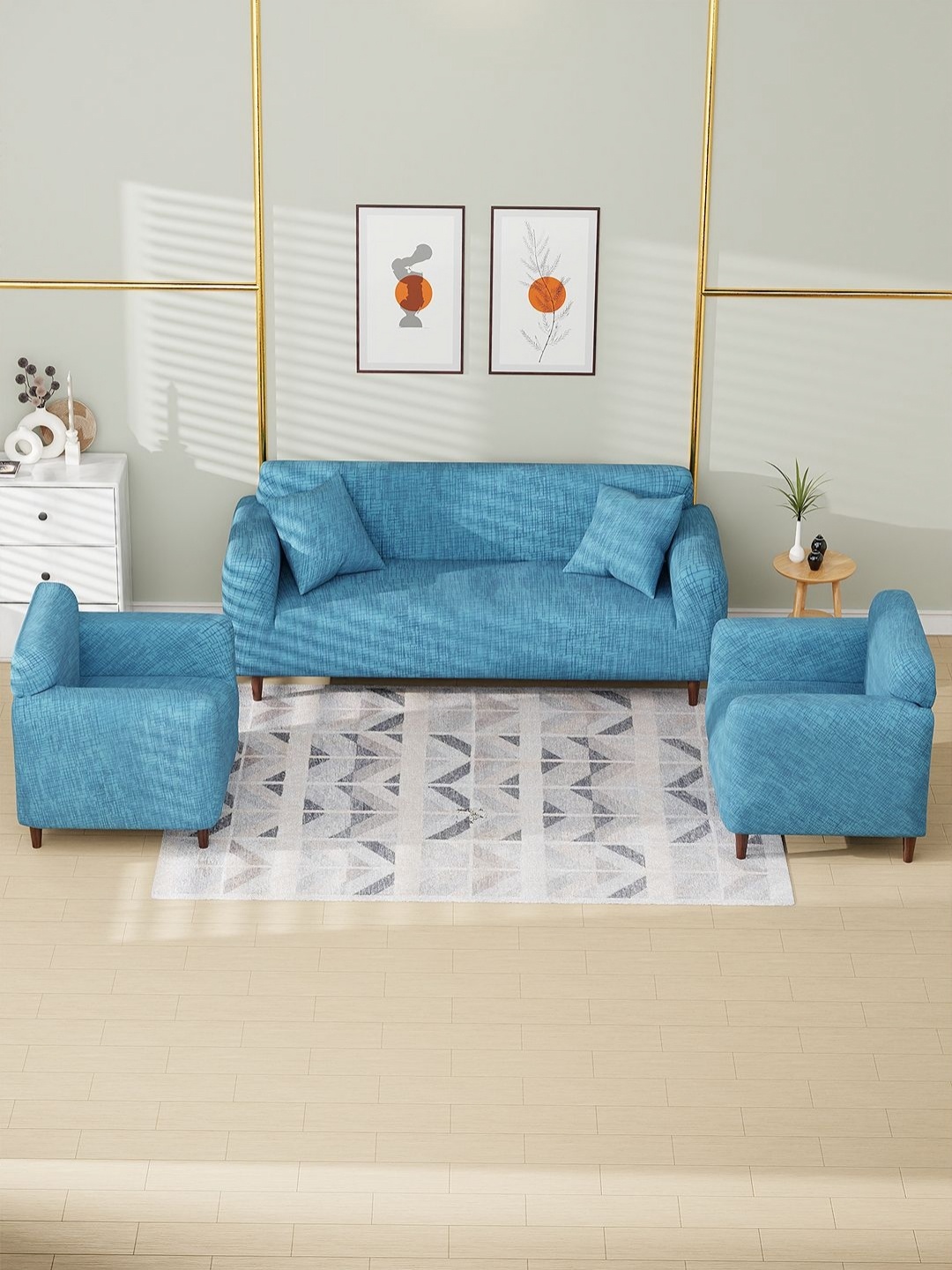 

Myntra Elegant Homes Blue Geometric Printed 5 Pieces 5-Seater Sofa Cover With Arms