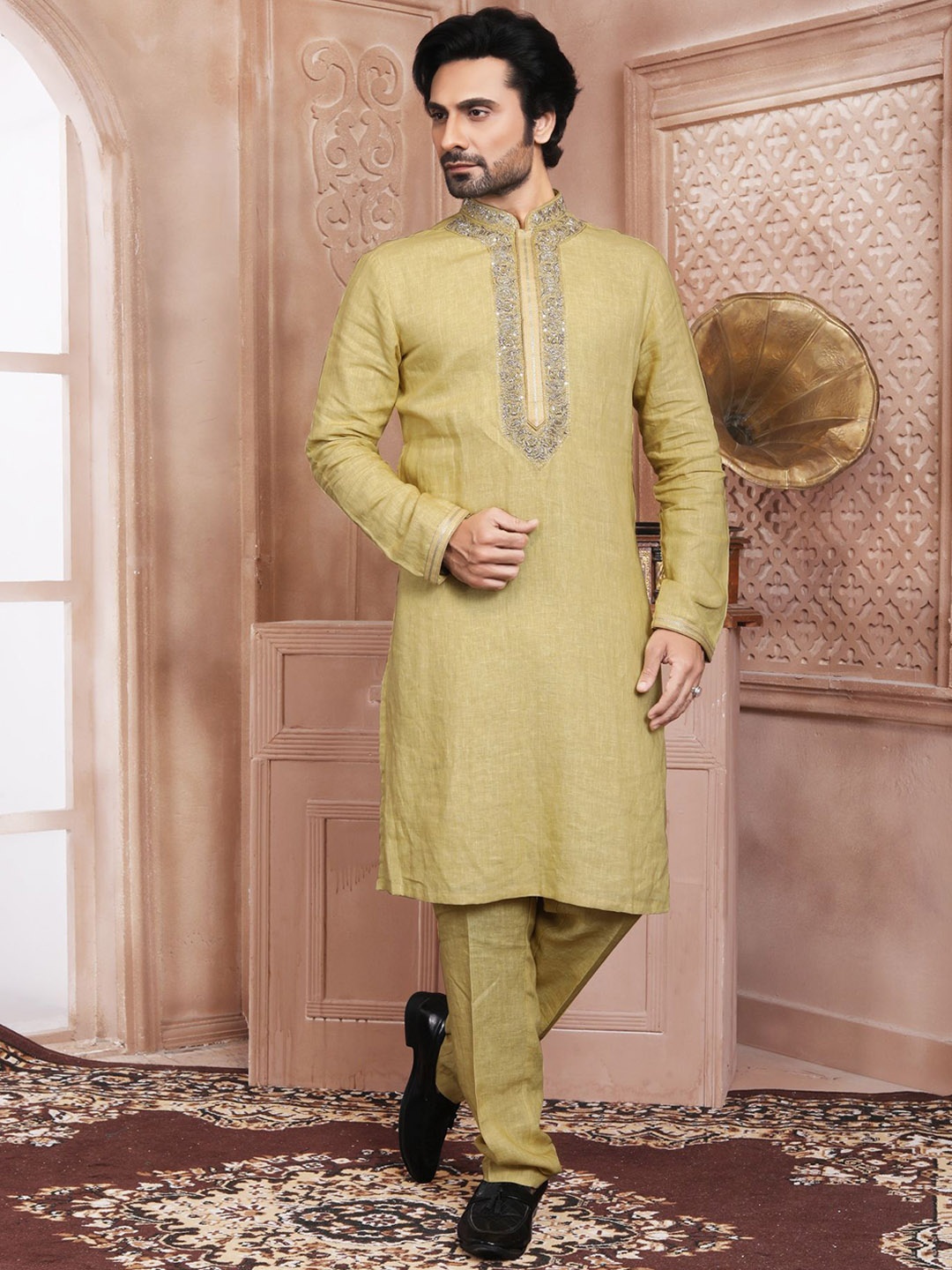 

EVASTRO Ethnic Motifs Embroidered Beads and Stones Linen Straight Kurta With Pyjama, Mustard