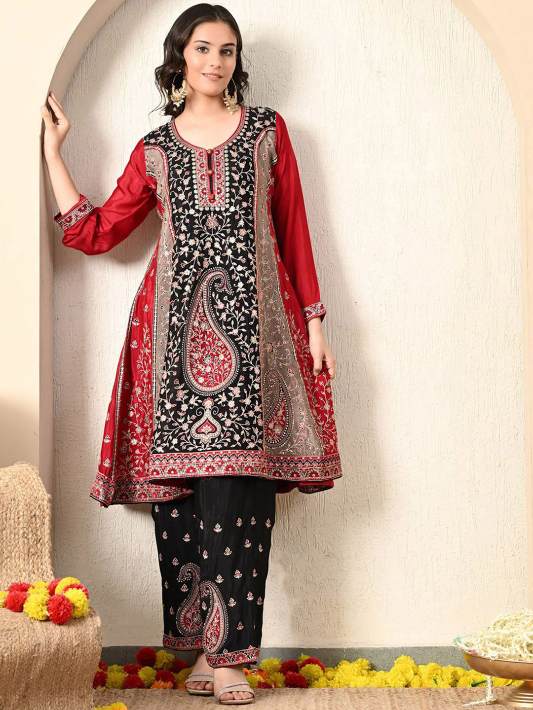 

ZARIKALI Ethnic Motifs Embroidered Thread Work A-Line Kurta With Salwar & Dupatta, Black