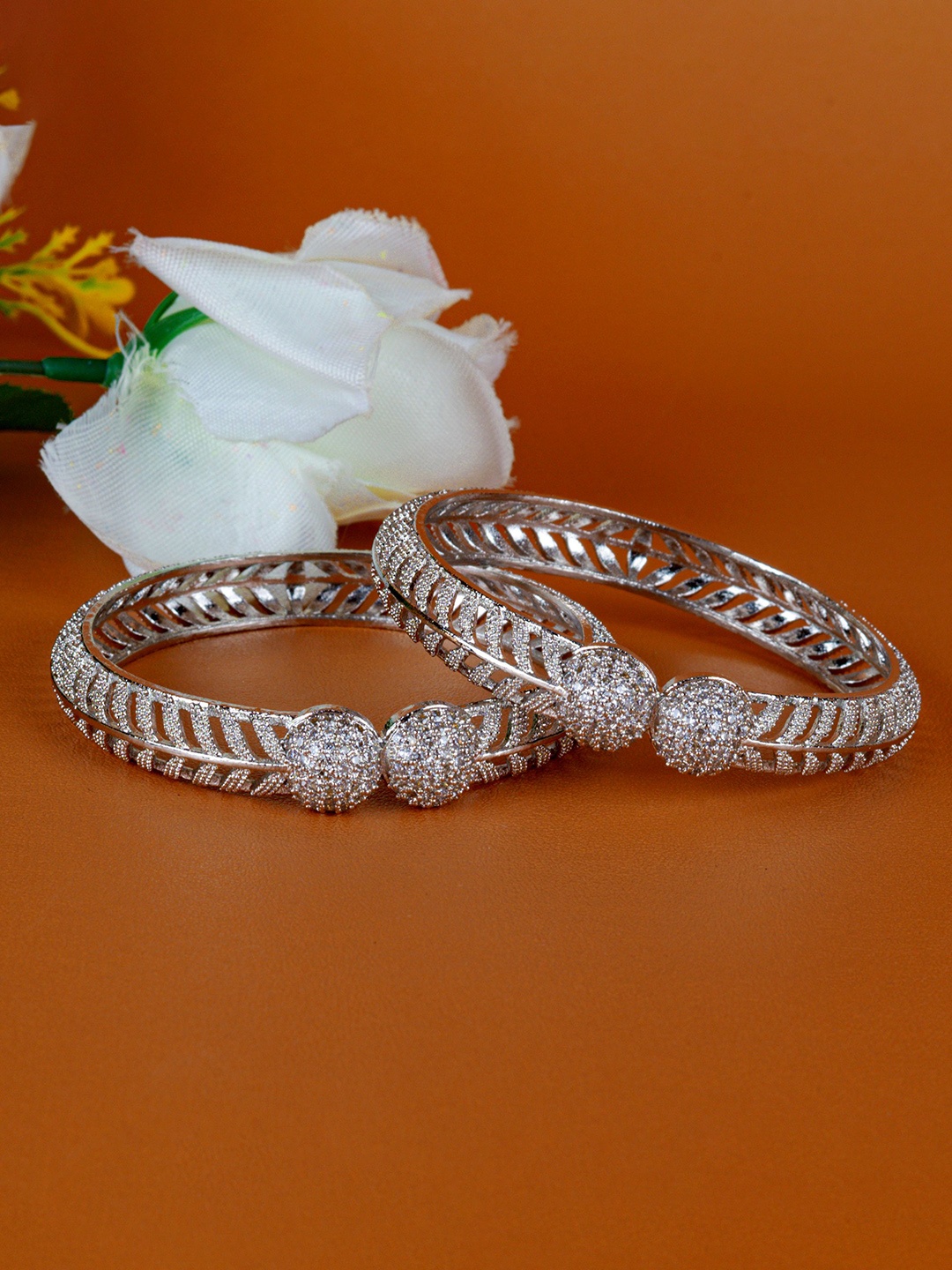 

Zevarly Set Of 2 Silver-Plated CZ Studded Bangles