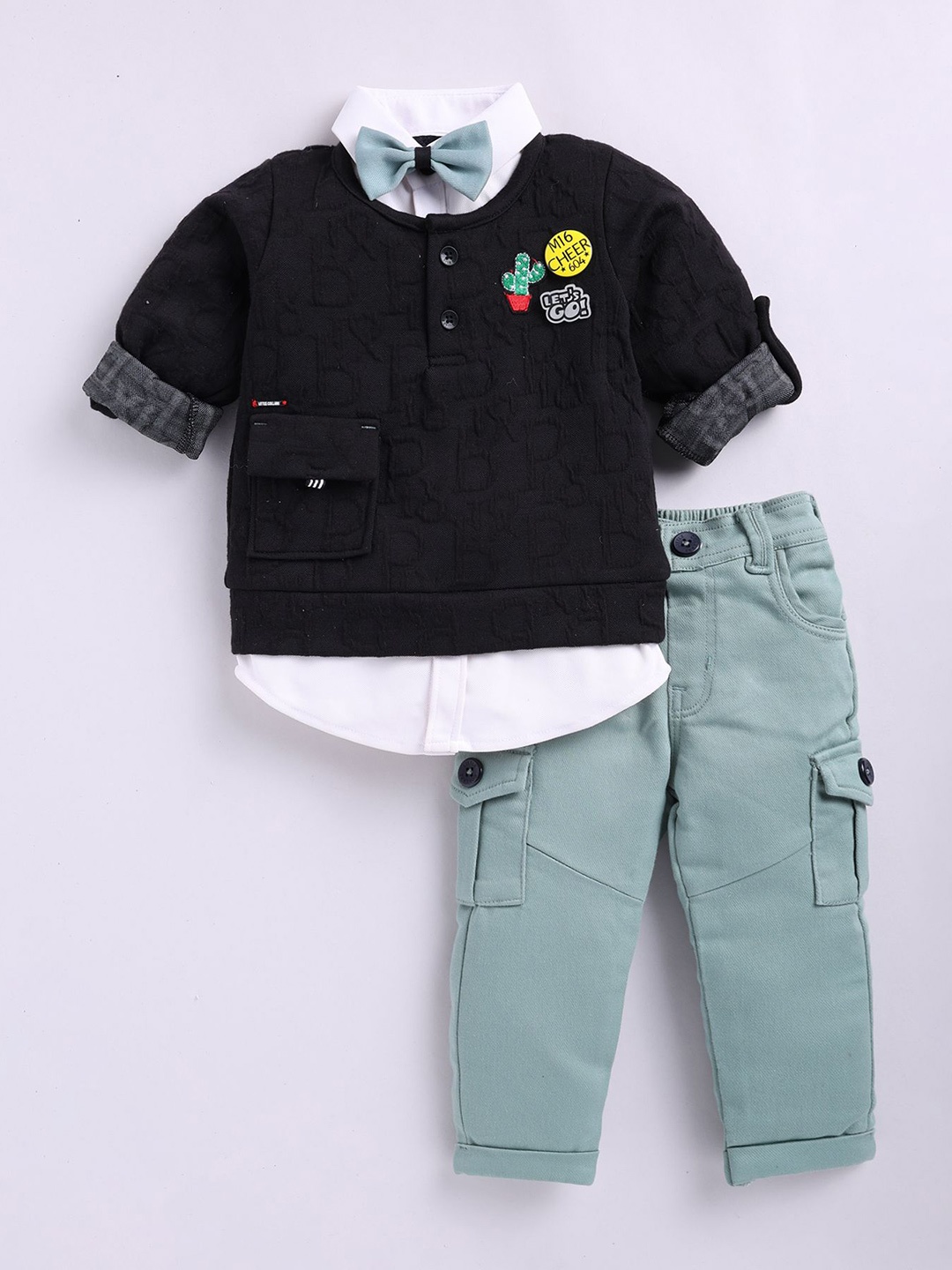 

LITTLE COLLARS Boys Shirt Collar Long Sleeves Shirt With Trouser With T-Shirt, Black