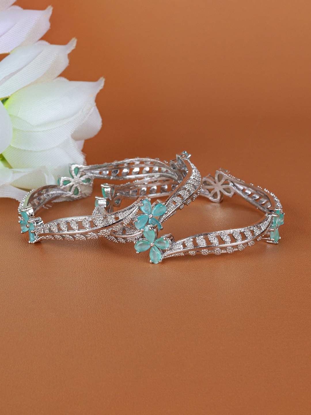 

Zevarly Set Of 2 Silver-Plated CZ Studded Bangles