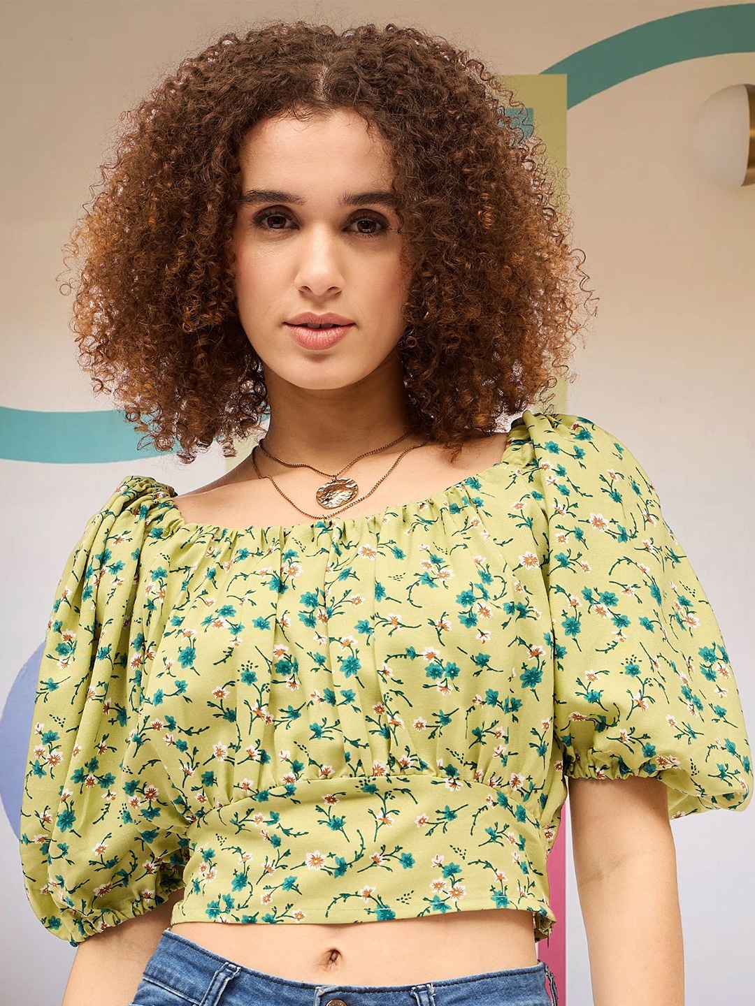 

DressBerry Floral Print Puff Sleeve Cotton Crop Top, Multi