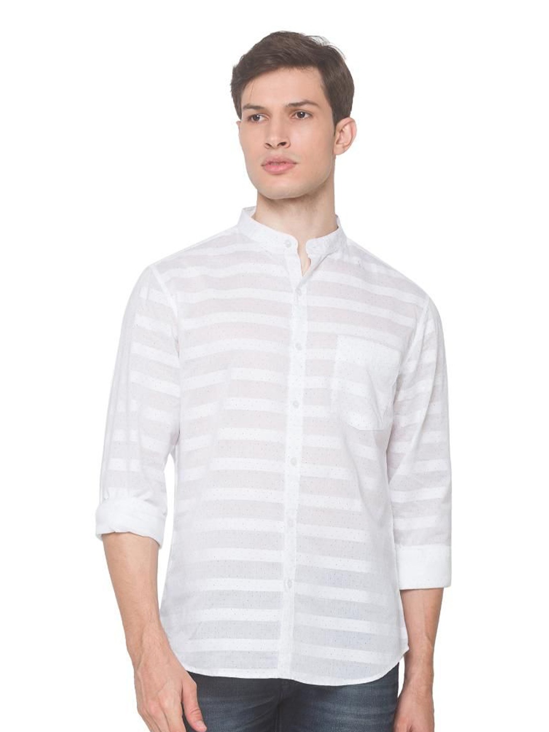 

SNX Men Tailored Fit Horizontal Stripes Opaque Printed Casual Shirt, White