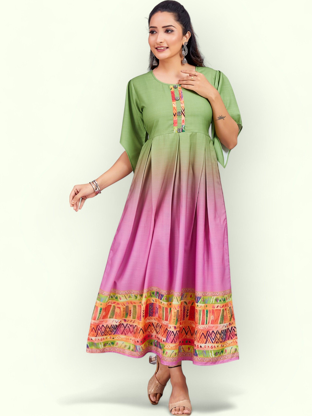 

PAMPER YOURSELF Women Printed Fit & Flare Maxi Dress, Green