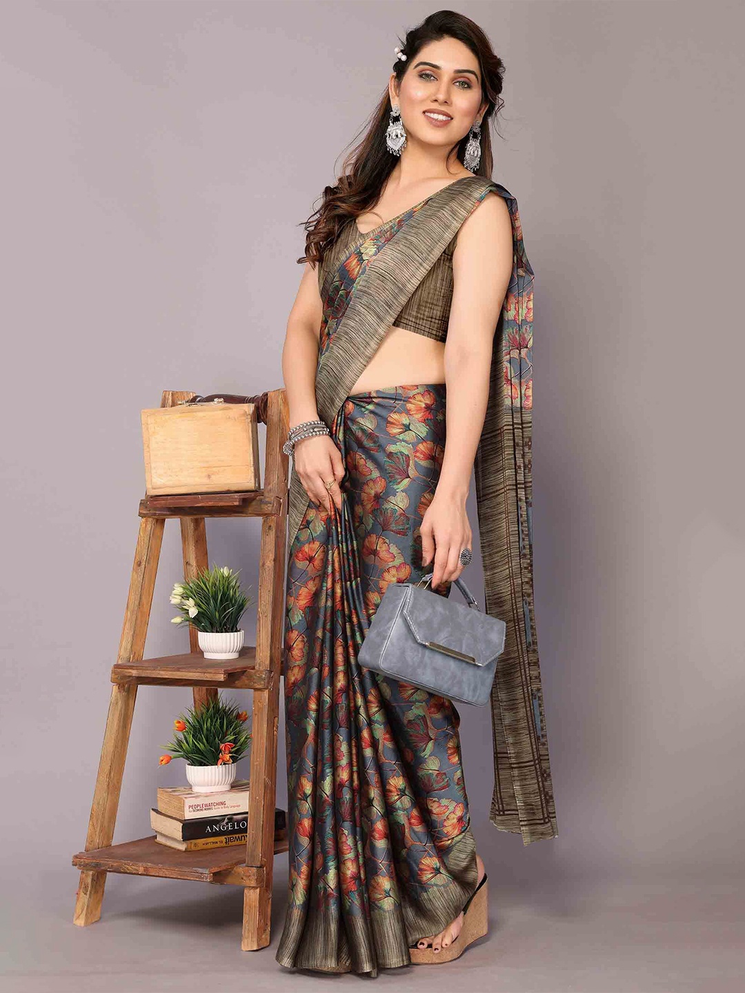 

KALINI Floral Poly Chiffon Saree, Grey