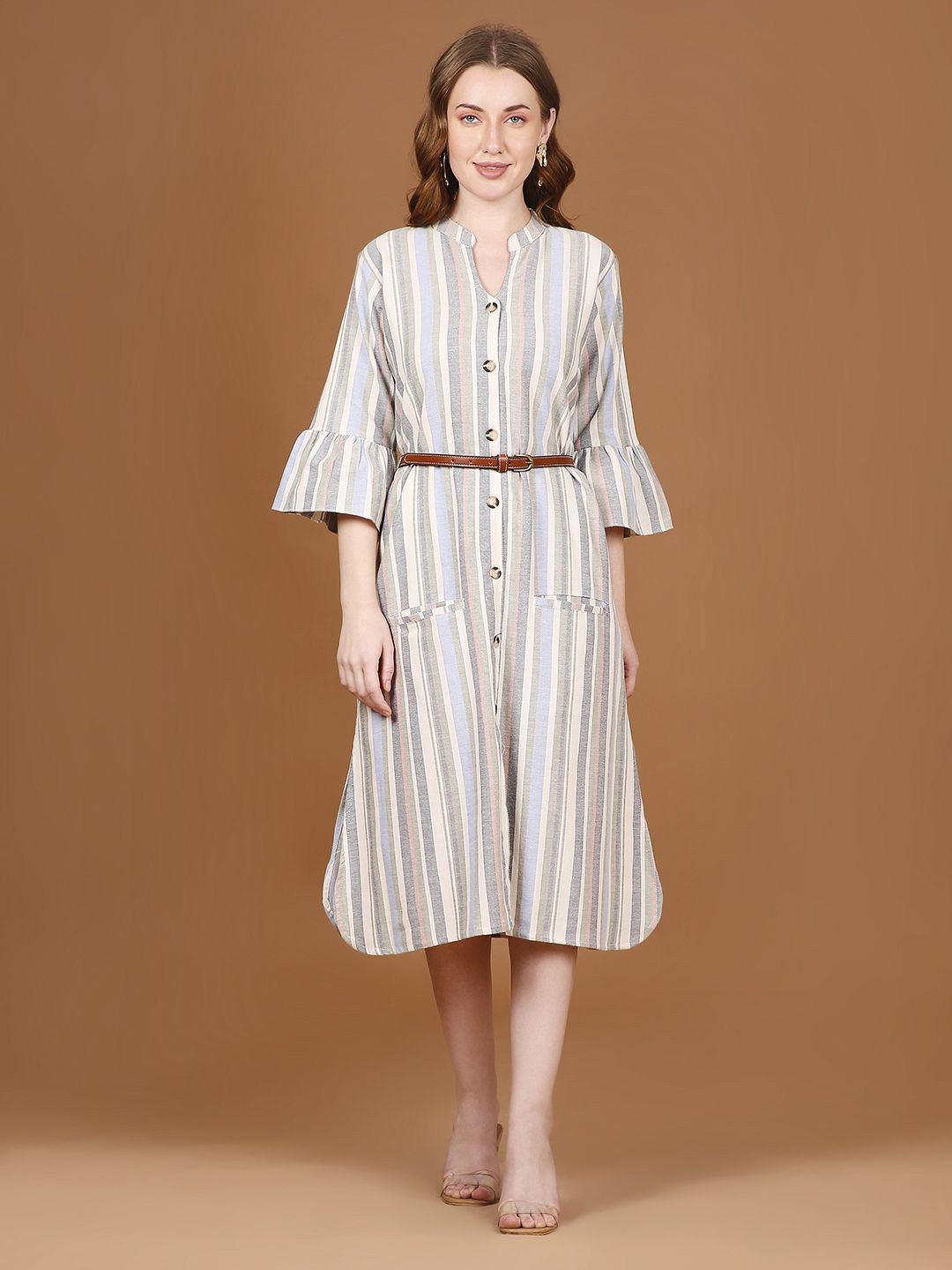 

NIGHTSPREE Striped Bell Sleeve A-Line Midi Dress, Off white