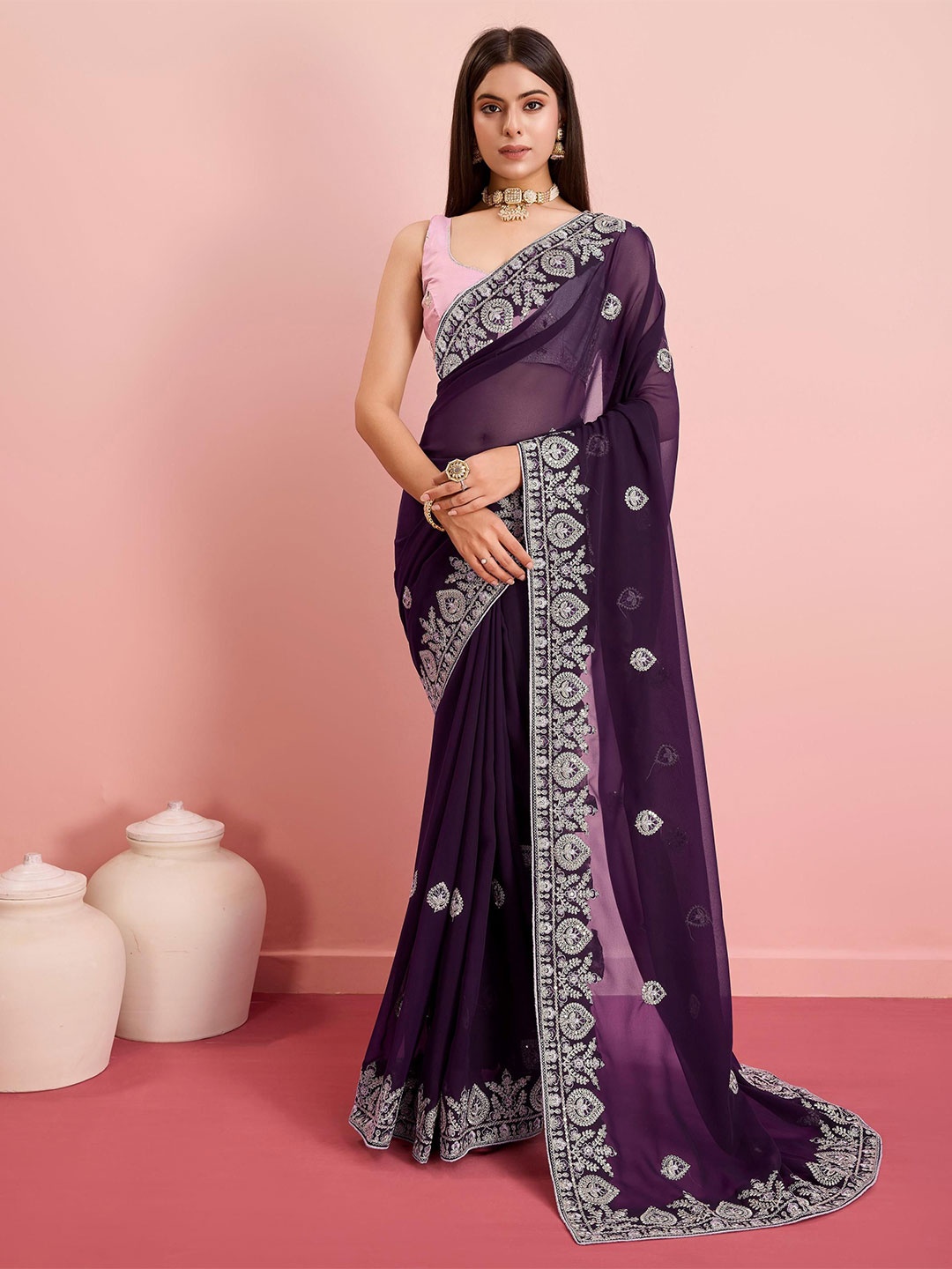 

HERE&NOW Floral Sequinned Saree, Purple