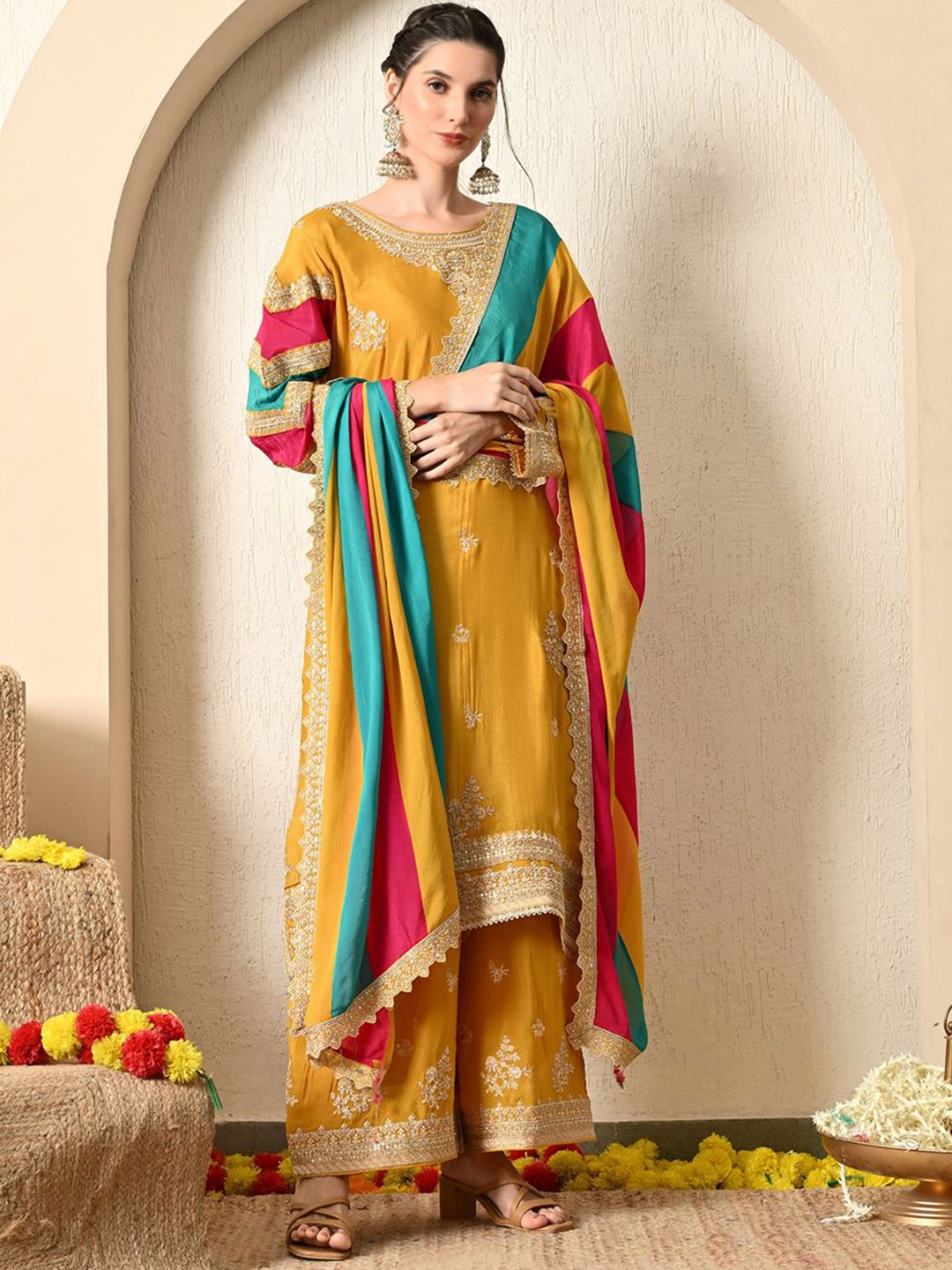 

ZARIKALI Ethnic Motifs Embroidered Zari Straight Kurta With Trousers & Dupatta, Yellow