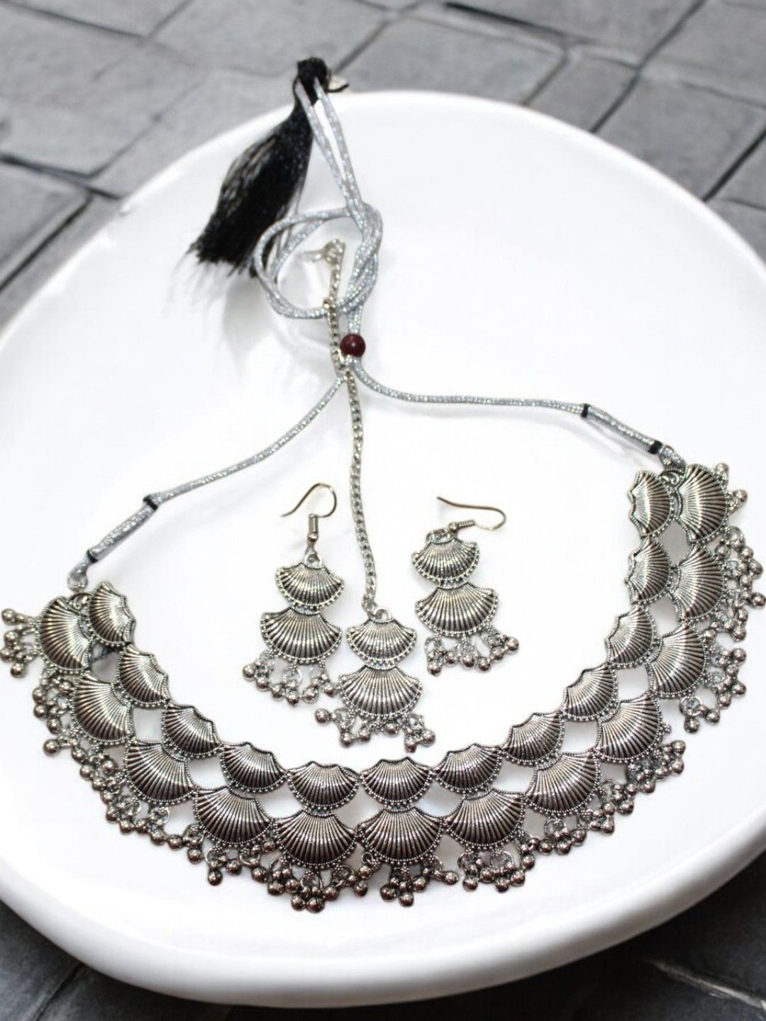 

Jolly Faces Beaded Oxidised Jewellery Set, Silver