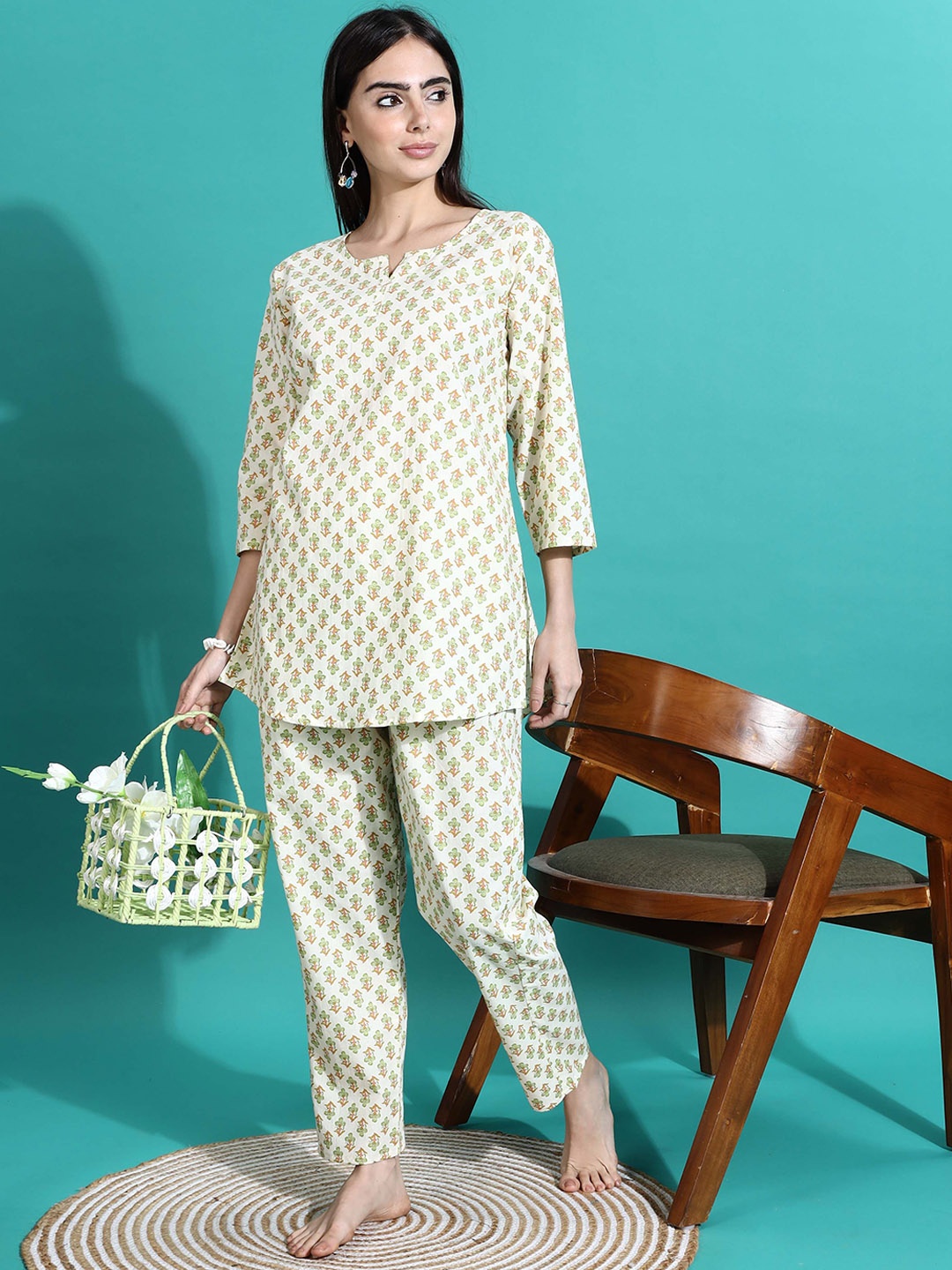 

9shines Label Floral Printed Notch Neck Pure Cotton Kurti With Pyjamas, Cream