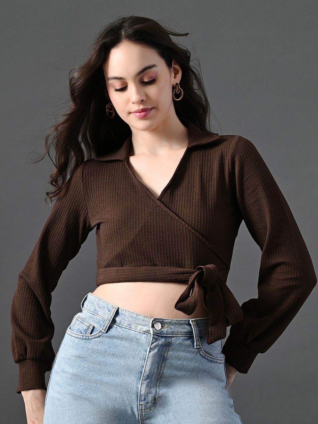 

The Roadster Lifestyle Co Crop Top with Full Sleeves, Coffee brown