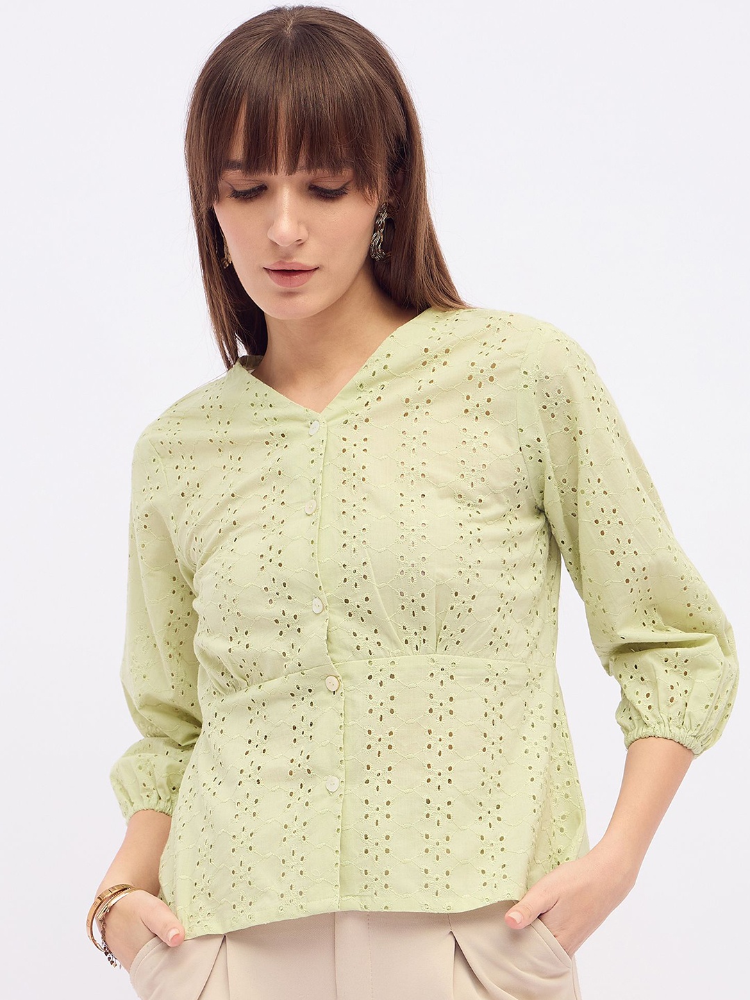 

DressBerry Cotton Schiffli Shirt Style Top, Green