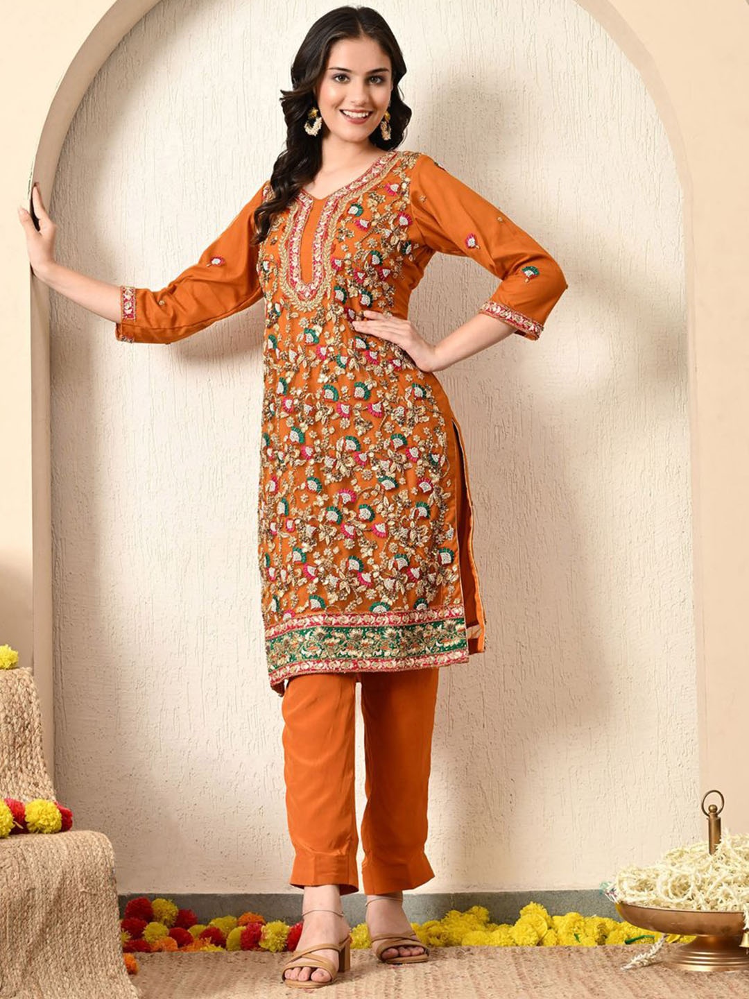 

ZARIKALI Ethnic Motifs Embroidered Zardozi Straight Kurta With Trousers & Dupatta, Orange