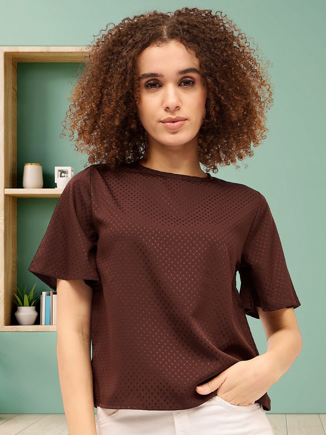 

DressBerry Polka Dot Flared Sleeve Top, Brown