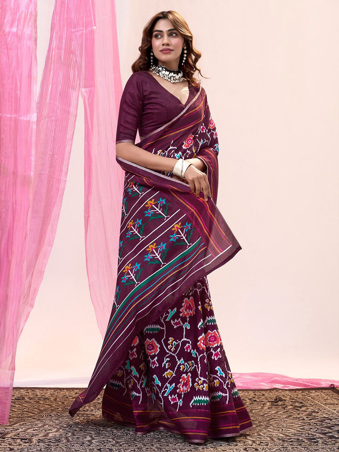 

Mitera Floral Silk Blend Tussar Saree, Purple