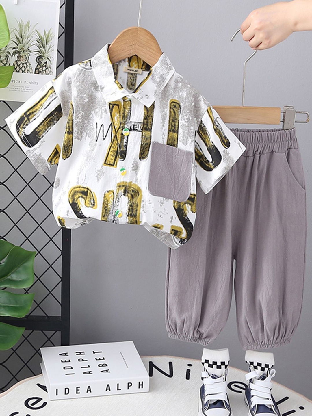 

INCLUD Boys Printed Shirt with Trousers, Yellow