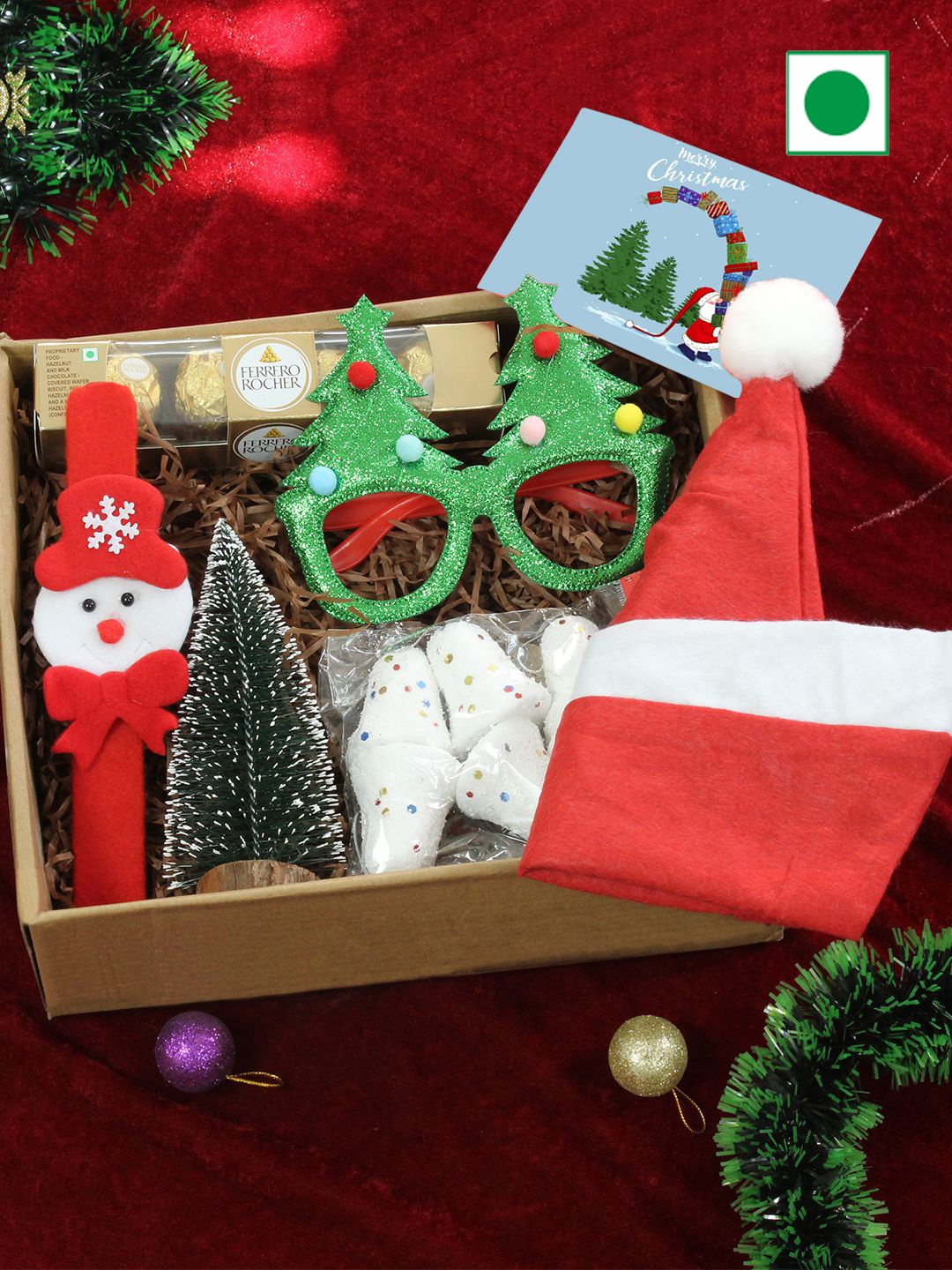 

TIED RIBBONS Set Of 10 Christmas Little Bells, Chocolates, Mini Tree, Cap Wrist Goggle, Red