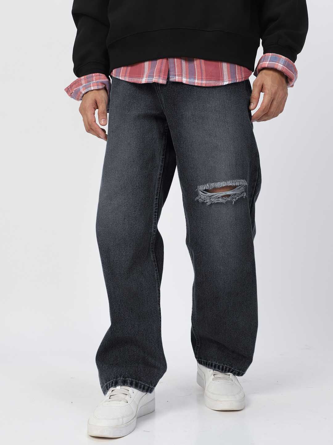 

Urbano Fashion Men Pure Cotton Loose Relaxed Fit Slash Knee Heavy Fade Jeans, Black