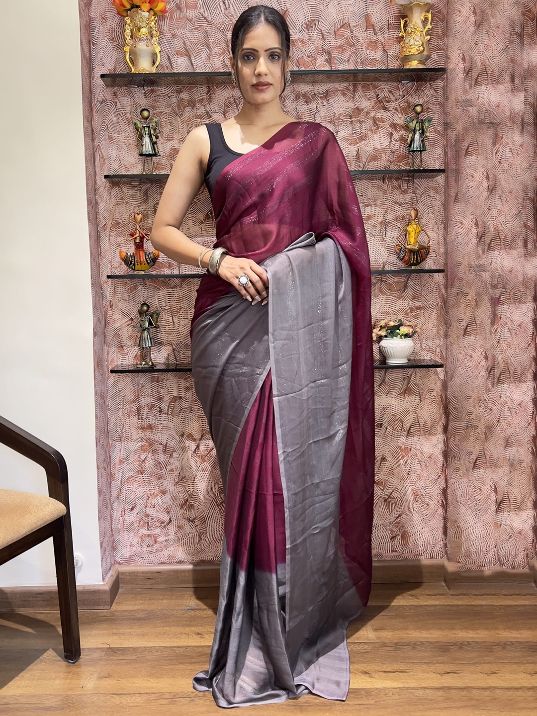

KAYOMMI Women Ombre Pure Chiffon Ready to Wear Saree, Purple