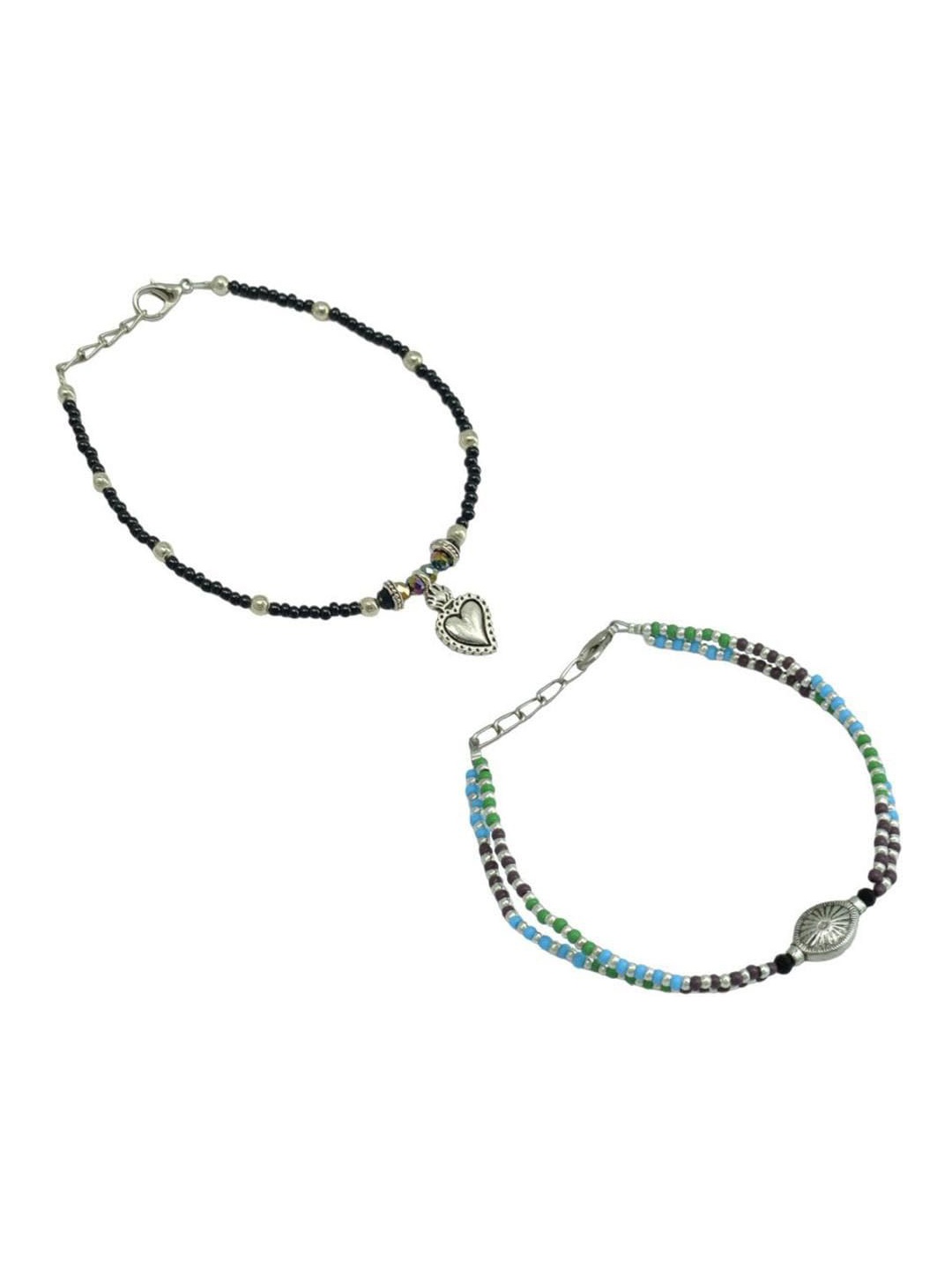 

HIGH TRENDZ Set Of 2 Beaded Single Leg Anklets, Silver