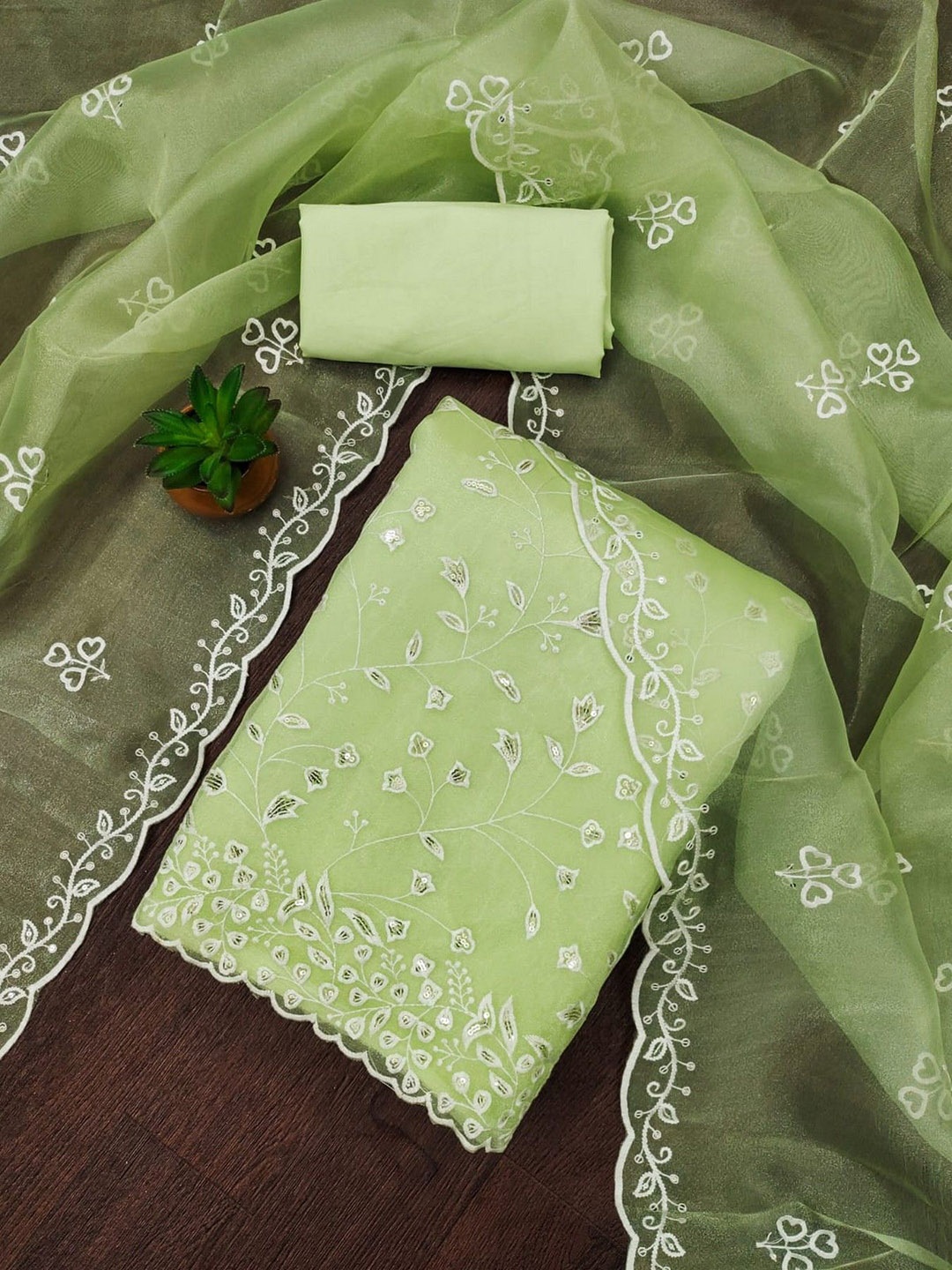 

ZEEPKART Organza Unstitched Dress Material, Green