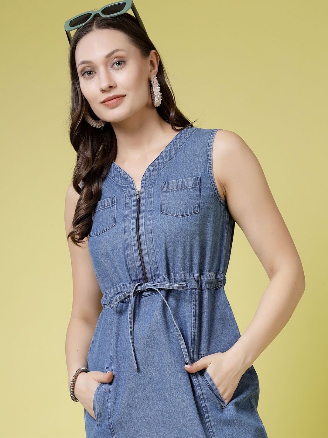 

BEING NAUGHTY Women Cotton V-Neck Sleeveless Denim Sheath Mini Dress, Blue