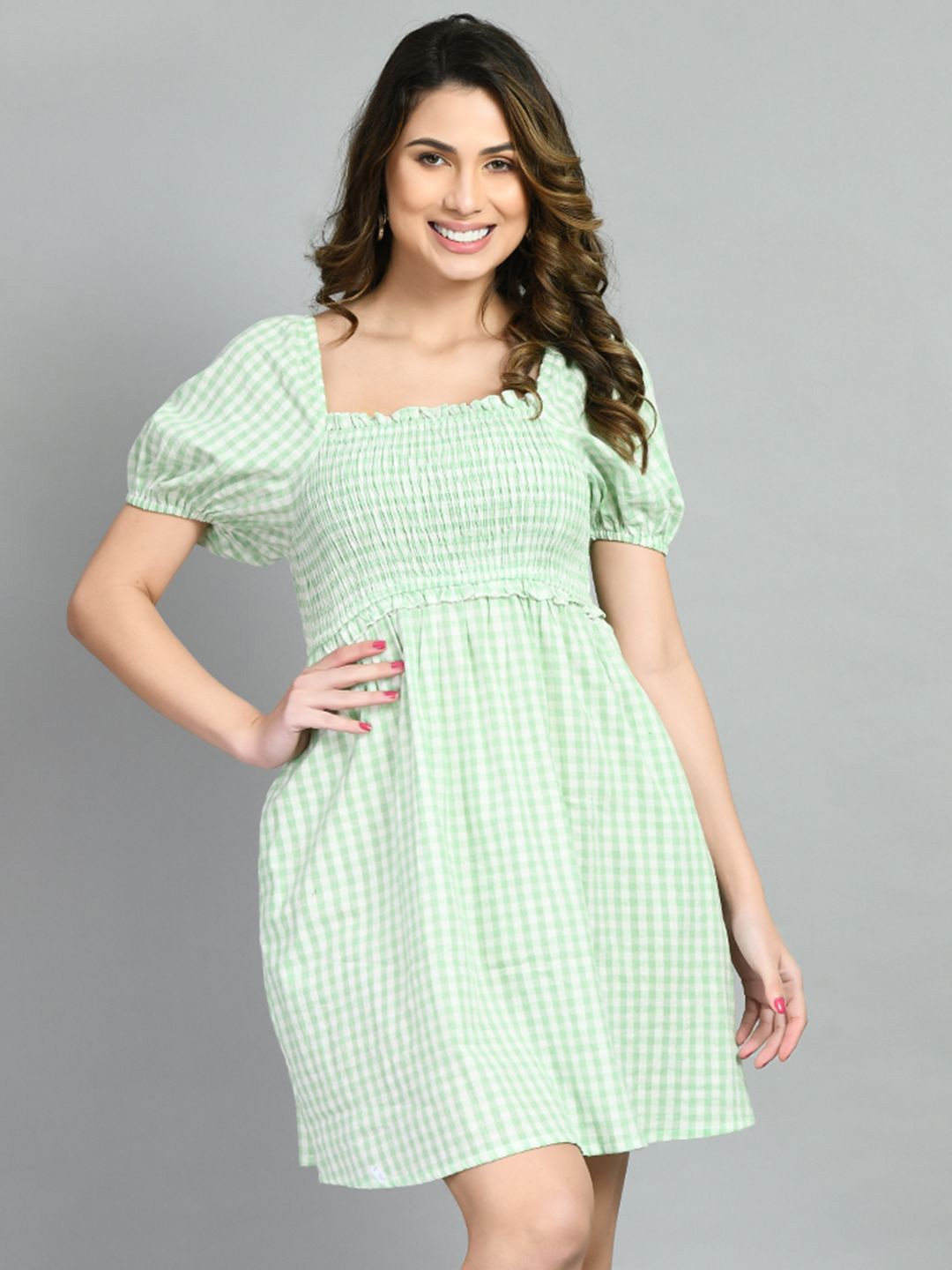 

all about you Women Checked Puff Sleeve Fit & Flare Cotton Mini Dress, Green