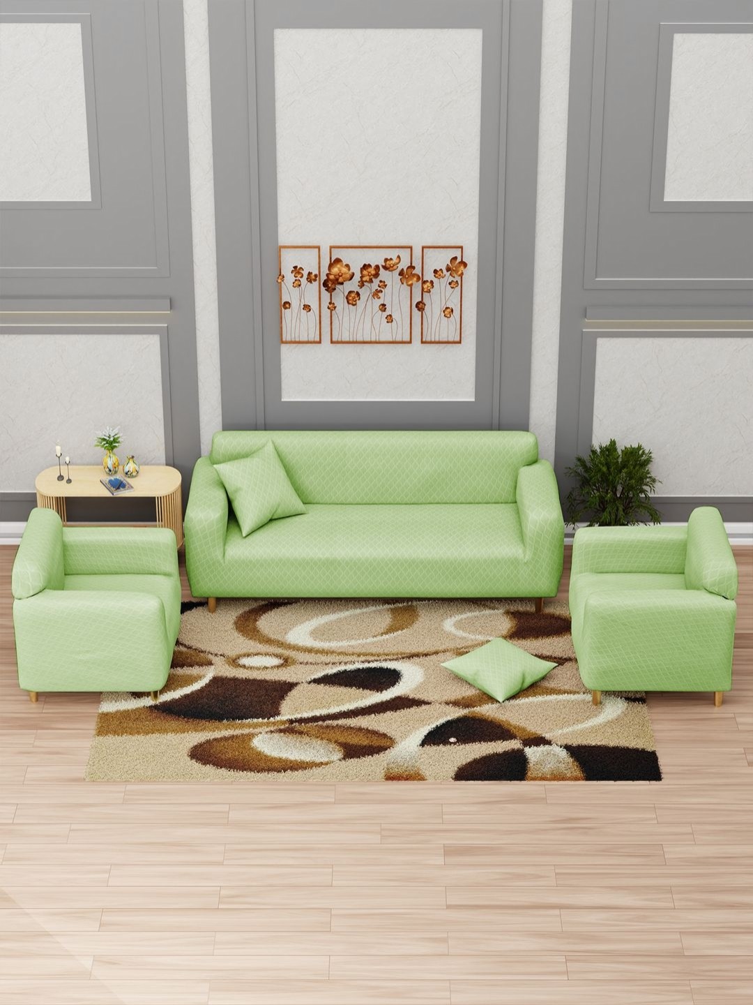 

Myntra Elegant Homes Green & White 5-Seater Geometric Printed Sofa Cover With Arms